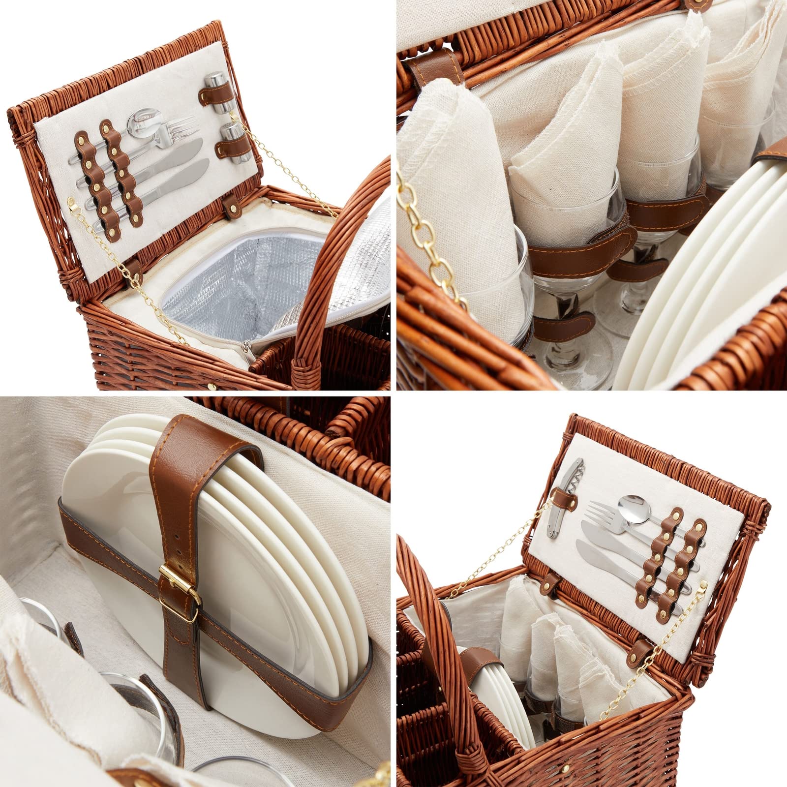 Juvale 4-Person Wicker Picnic Basket Set with Utensils, Wine Glasses & Insulated Cooler Bag - Luxury Camping & Outdoor Dining Essentials for Family Picnics, Beach Outings, and Romantic Getaways