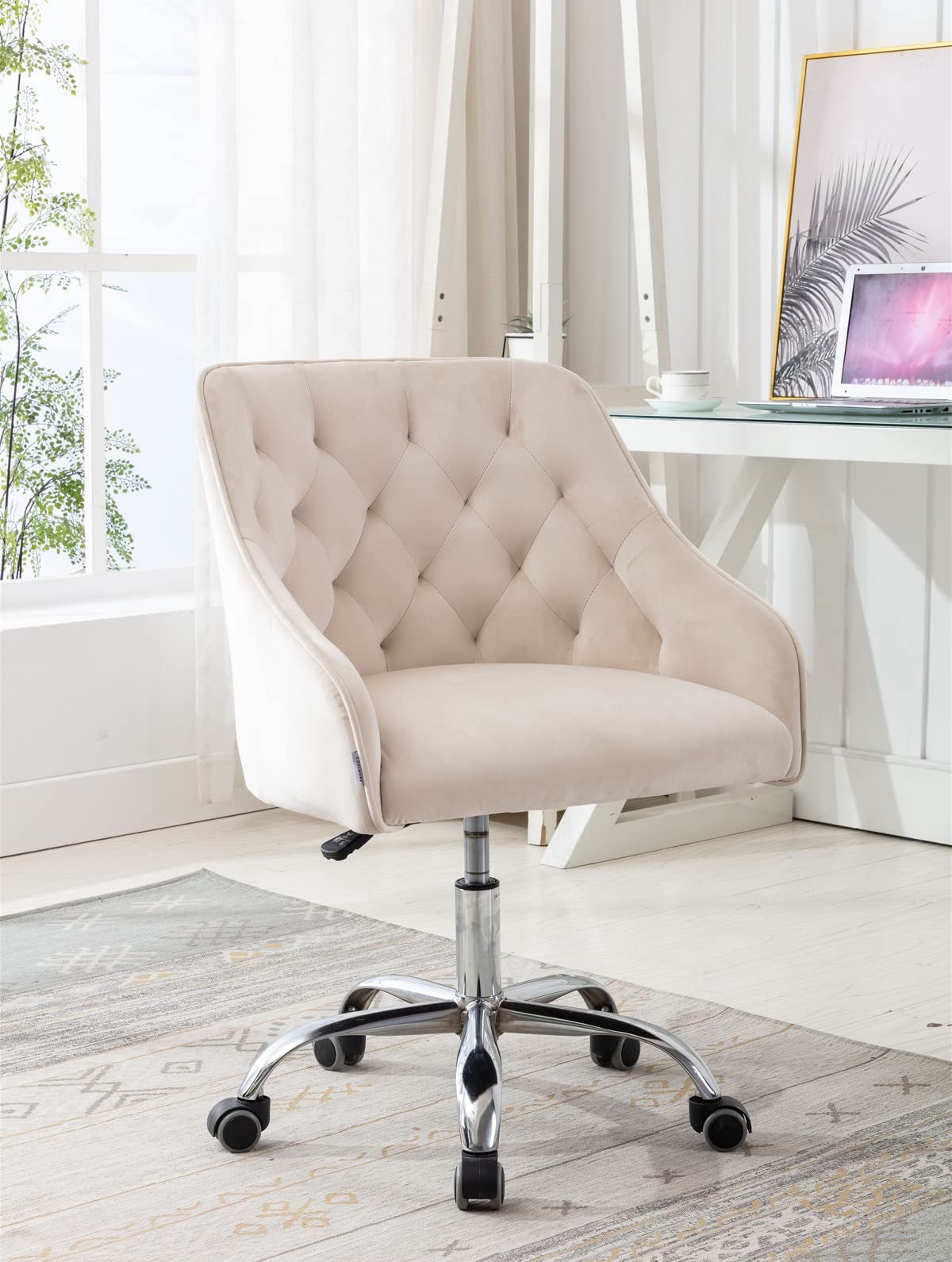 Henf Velvet Office Chair - 360° Swivel Shell Desk Chair with Tufted Back & Sturdy Metal Base | Soft Small Task Chair for Kids & Students | Perfect for Home Office, Living Room & Bedroom | Beige
