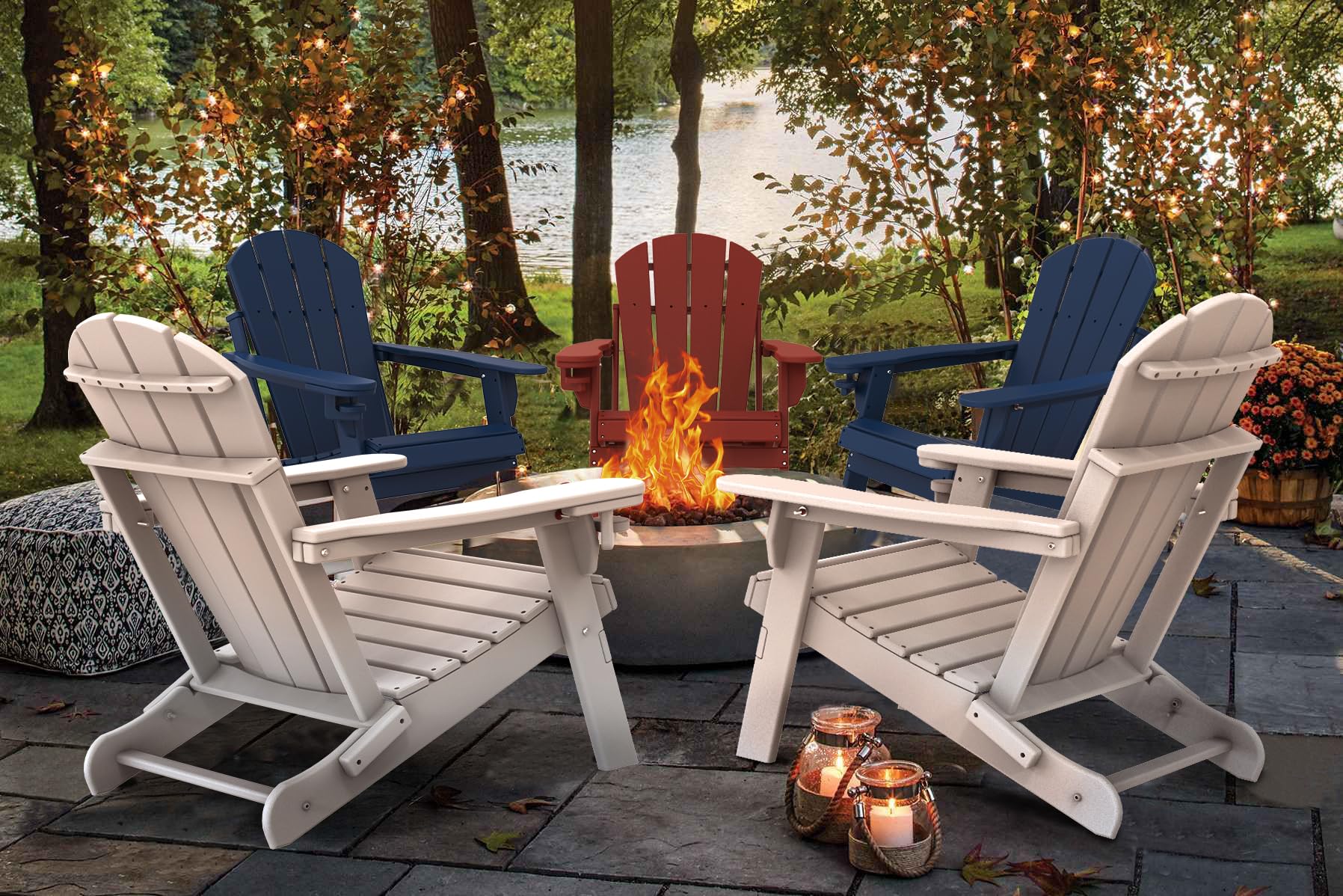 IVY&LANE 2-Pack Folding Adirondack Chairs - Weather-Resistant HDPE Plastic Outdoor Chairs with Cup Holders (Grey) - Perfect for Patio, Deck, Poolside, Garden & Beach Relaxation