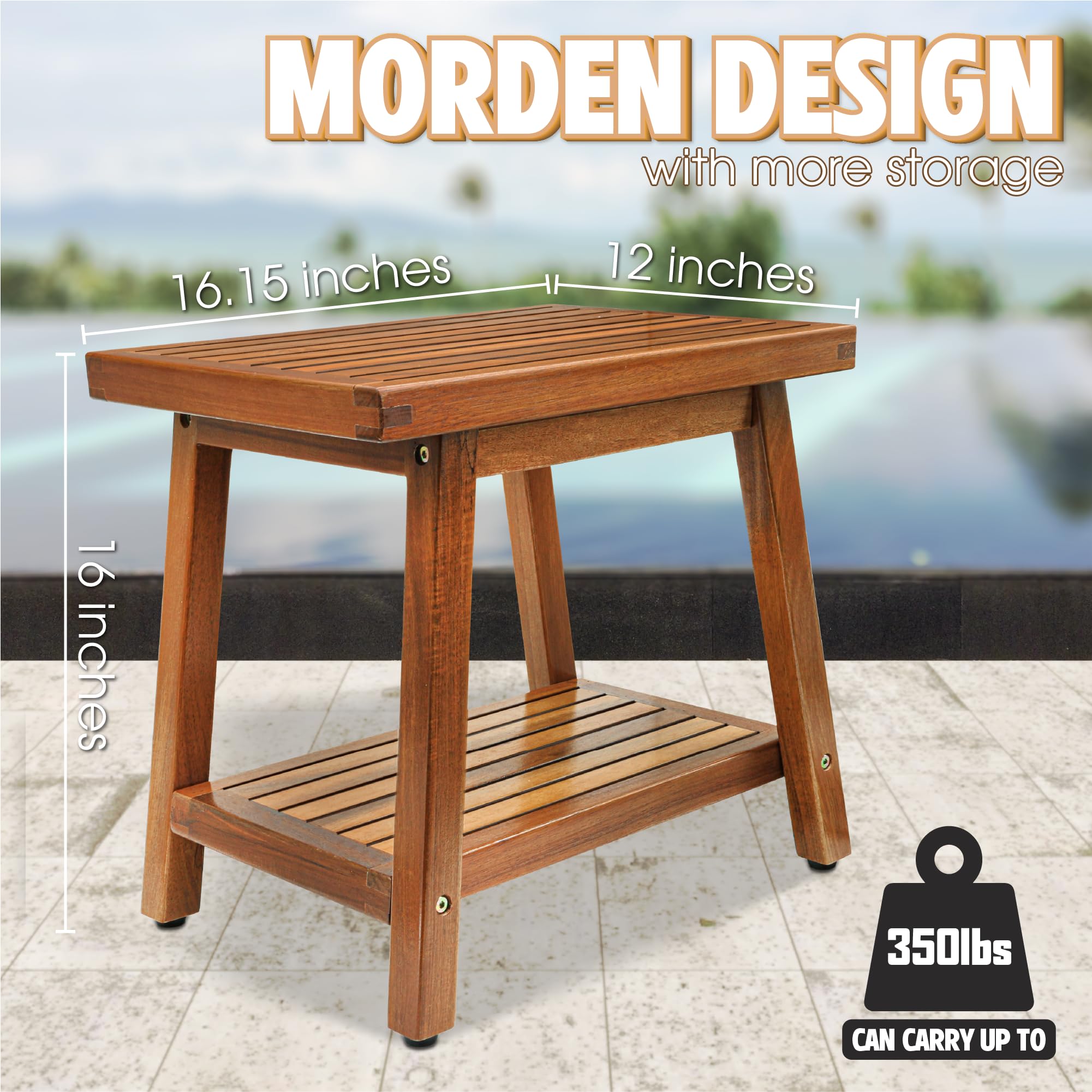 Acacia Wood Side Table with 2-Tier Storage Shelf - Small Space Sofa Table, Outdoor End Table for Patio, Backyard, Poolside - Perfect for Living Room, Deck & Garden Decor