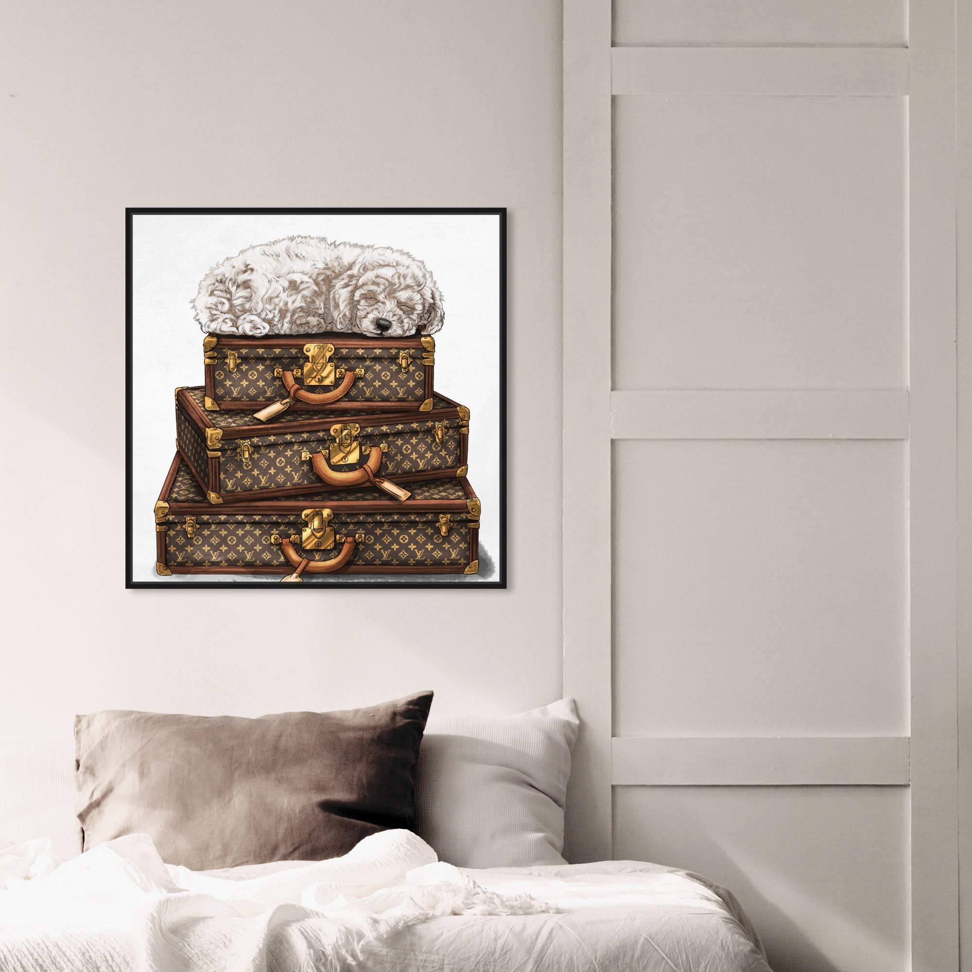 Sleeping Poodle White Framed Wall Art Canvas Print - Elegant Home Decor for Living Room, Bedroom & Office | Travel-Themed Dog Lover Gift