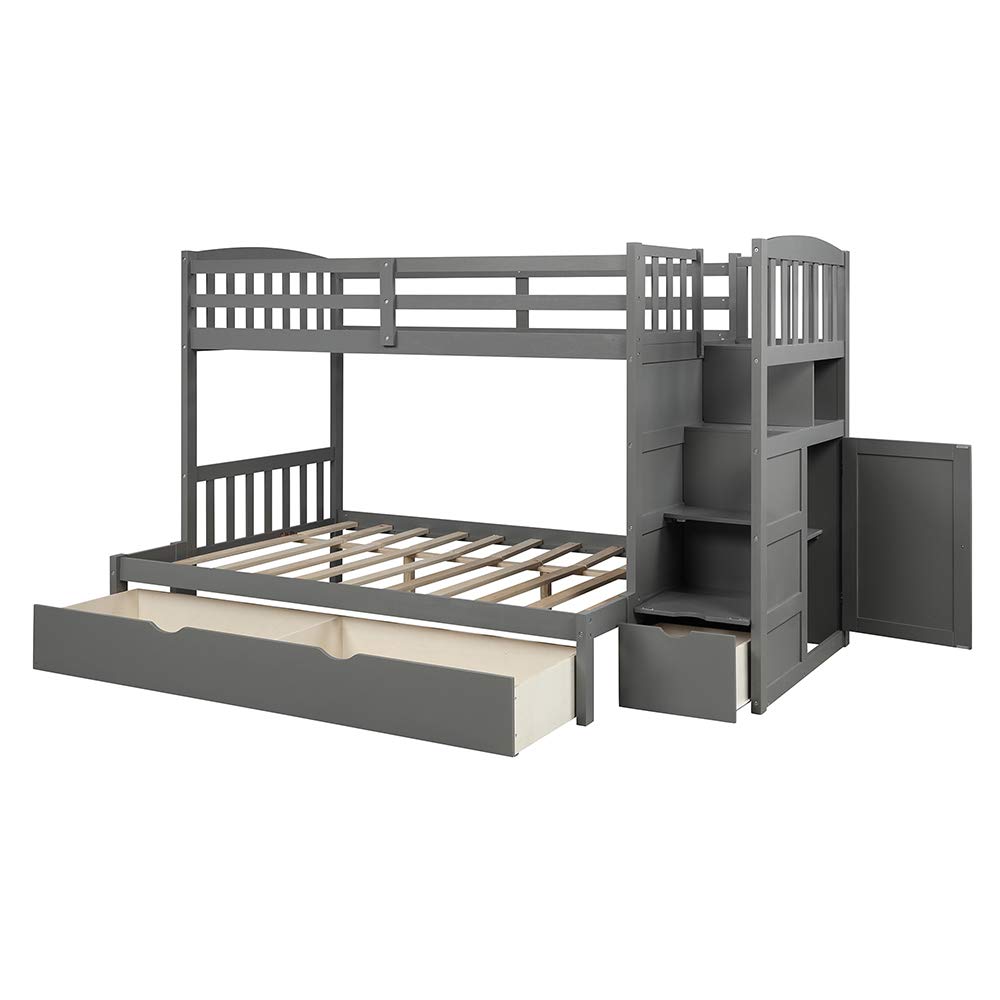 Twin Over Full Bunk Bed with Trundle - Solid Wood Bunk Bed Frame with Safety Guard Rails, Storage Shelves & Drawers, Convertible Bottom Bed (Gray) - Perfect for Kids' Bedrooms, Guest Rooms & Small Spaces