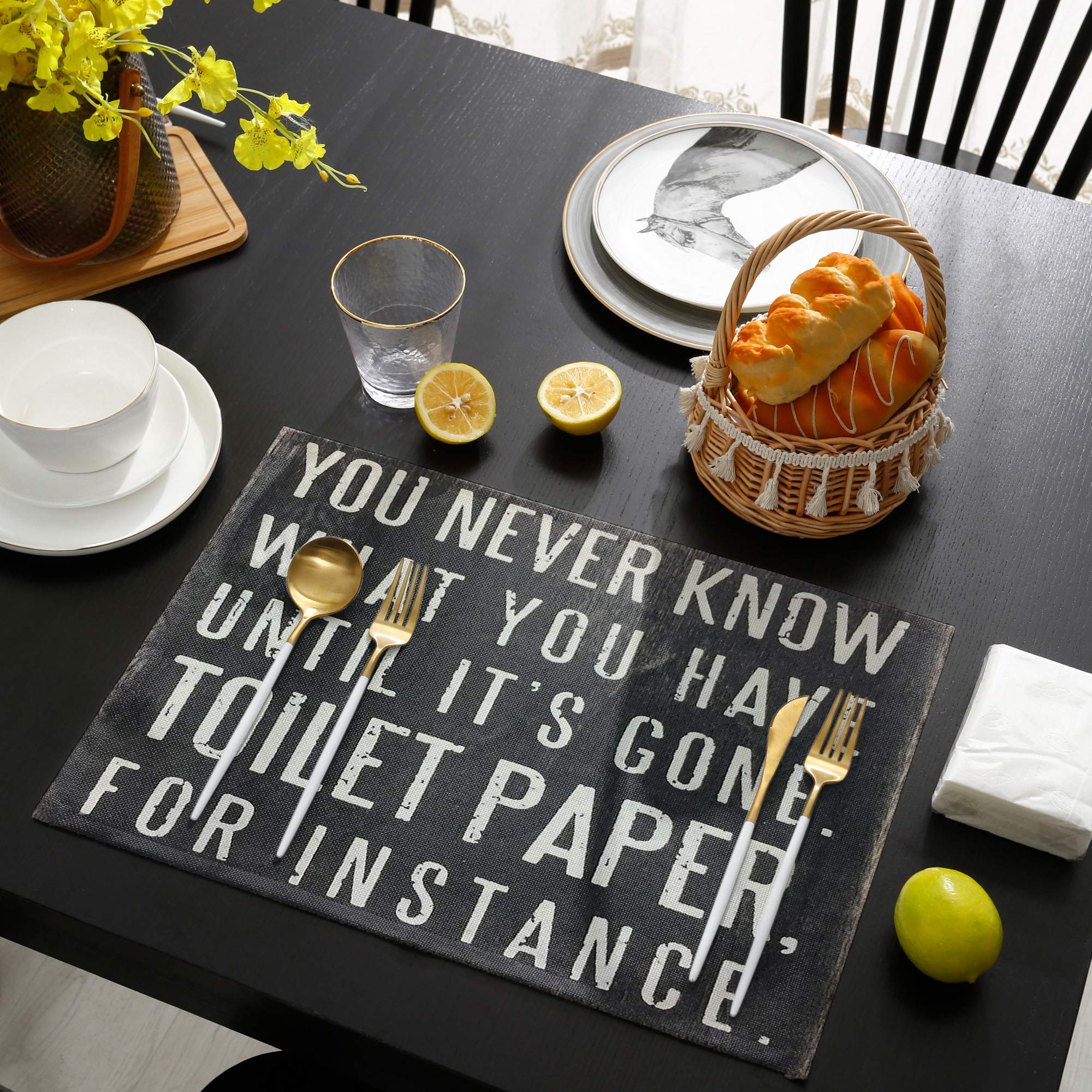 Set of 4 Heat-Resistant Washable Placemats for Dining Table - Retro Black Background with White English Letters & Symbols - Durable Kitchen & Home Decor Table Mats - Perfect for Dinner Parties, Family Meals, and Everyday Use