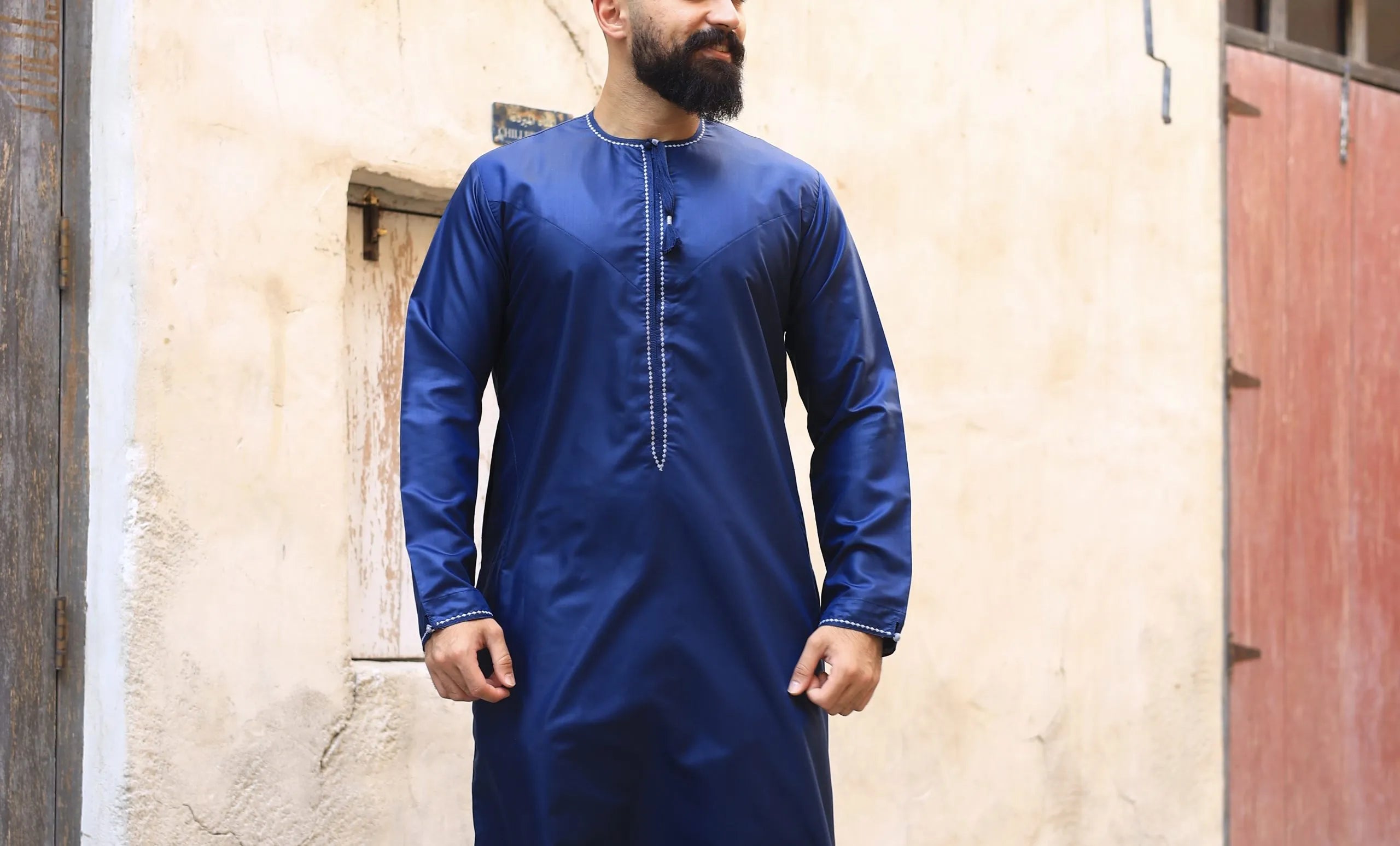 Embroidered Al Aniq Thobe for Men - Premium Islamic Jubbah in Blue - Perfect for Eid, Ramadan & Special Occasions