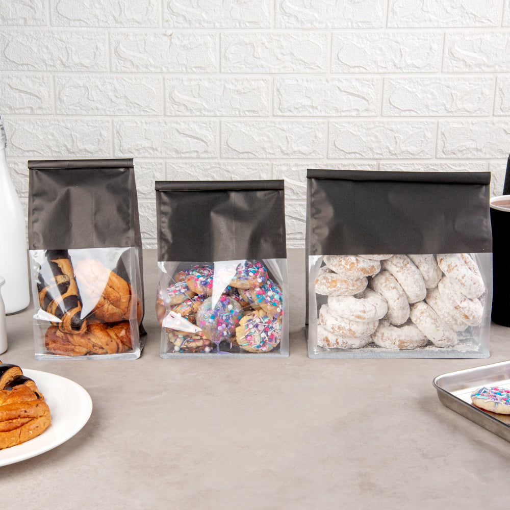 Premium Black Cotton Paper Tin Tie Bags with Clear Window - 5x4x11.25 Inches (100 Count) - Ideal for Coffee Beans, Loose Leaf Tea & Bulk Food Storage