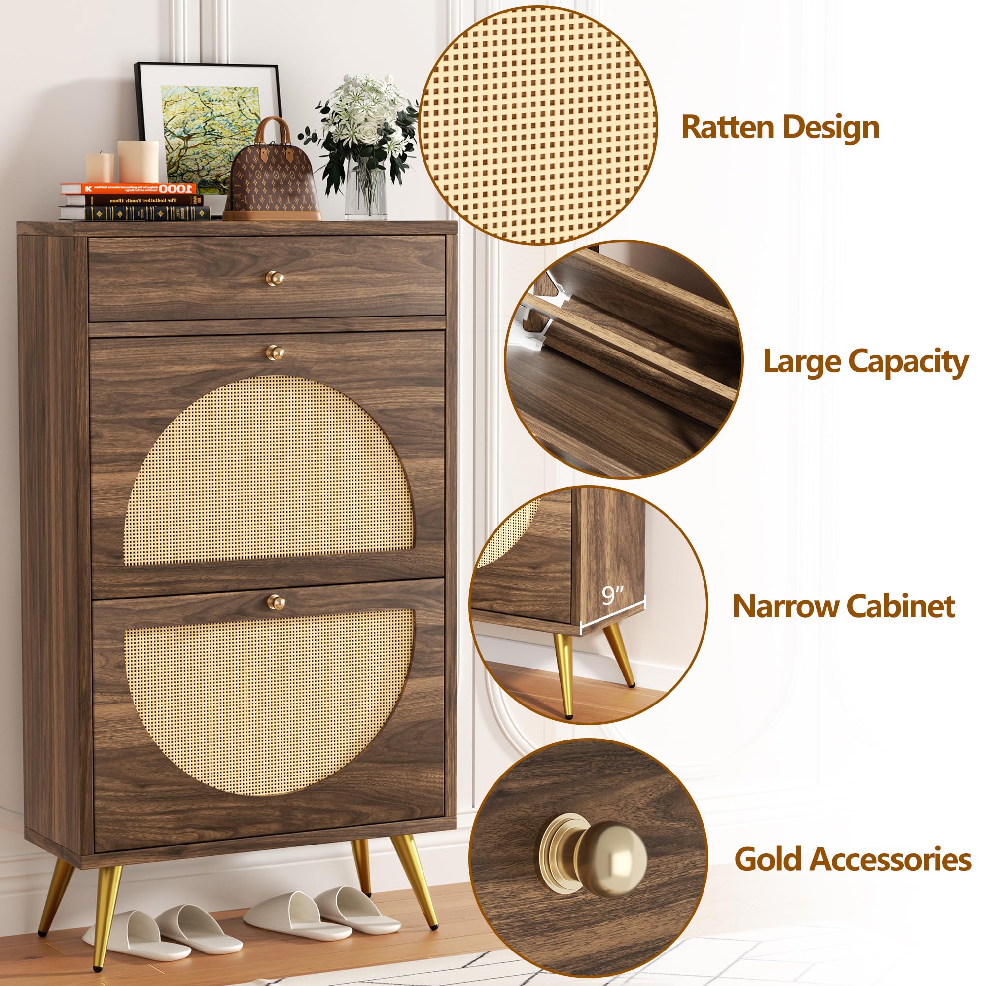 Meilocar Rattan Shoe Cabinet with 2 Flip Doors & 1 Drawer - 3-Tier Adjustable Shelf Shoe Storage Organizer - Freestanding Slim Shoe Rack for Entryway, Closet, Hallway - Perfect for Small Spaces & Home Organization (Walnut)