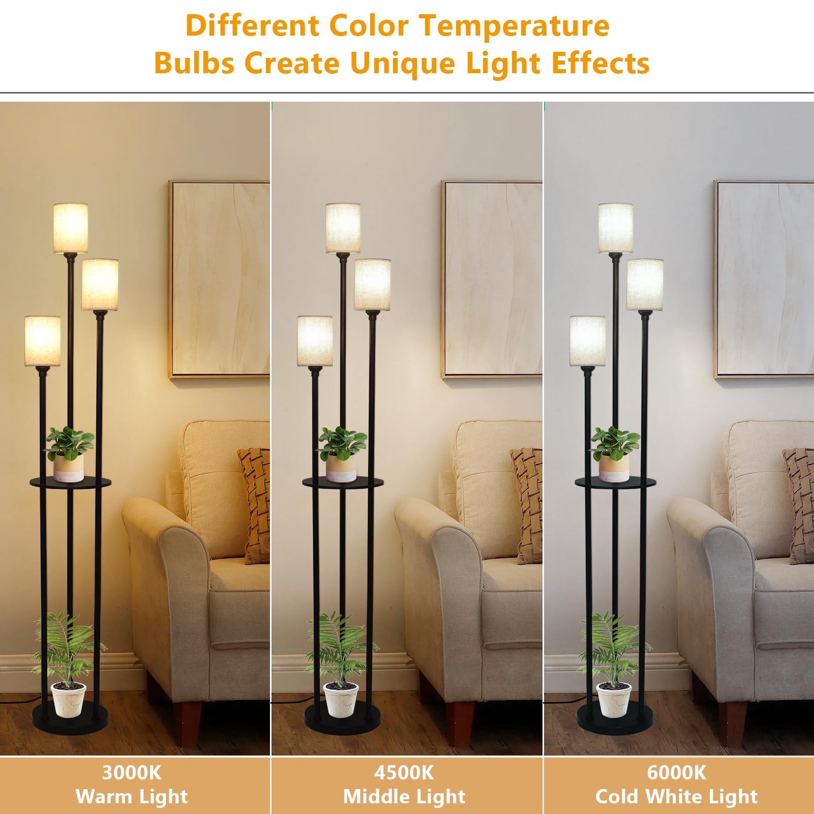 Modern 3-Light Floor Lamp with Shelves & Linen Shade - Industrial Standing Lamp for Living Room, Bedroom & Office - Adjustable Height with Foot Switch (Black) - Perfect for Reading, Working & Home Decor
