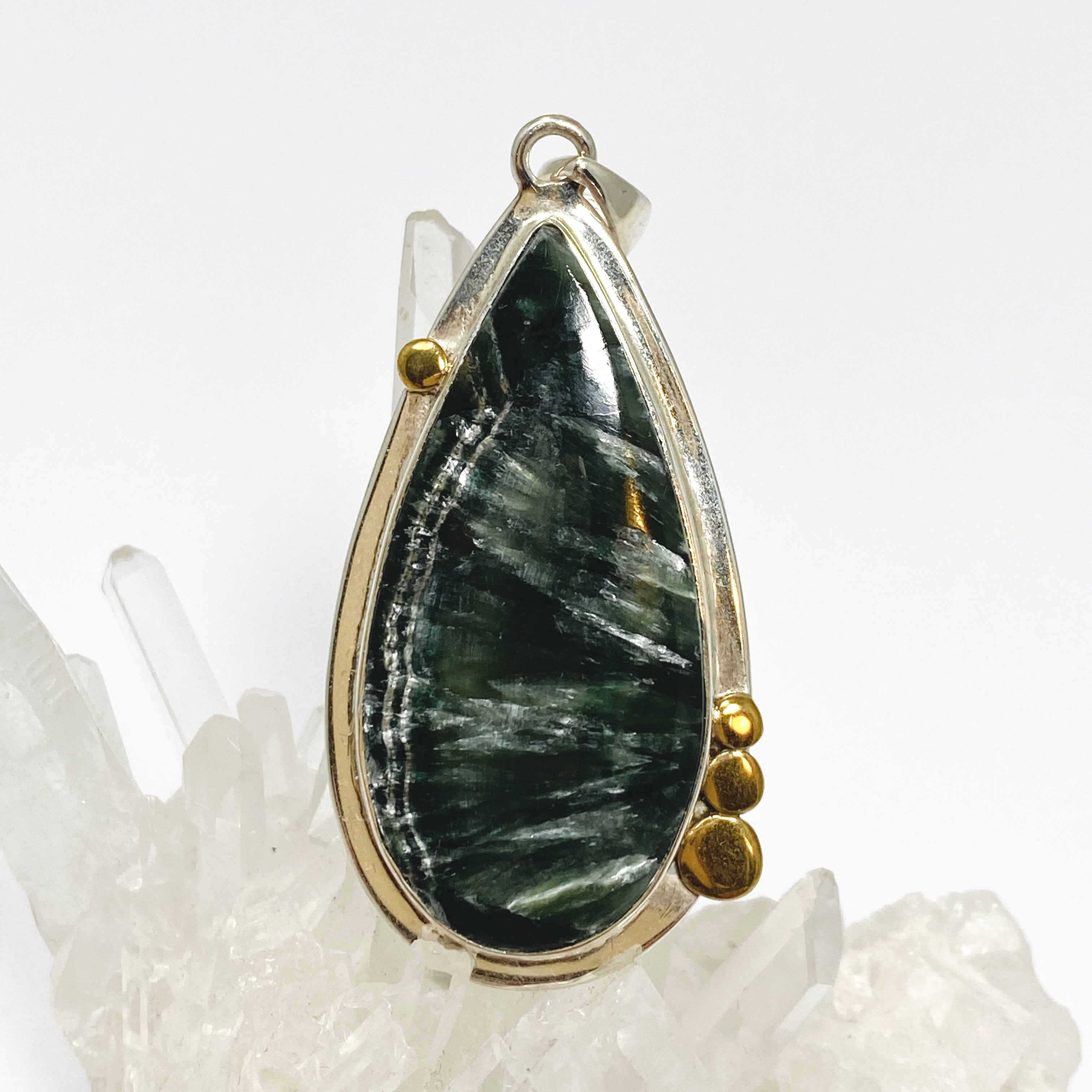 Seraphinite Teardrop Cabochon Pendant Necklace - 925 Sterling Silver Decorative Setting KPGJ4843 | Healing Crystal Jewelry for Meditation & Spiritual Gifts