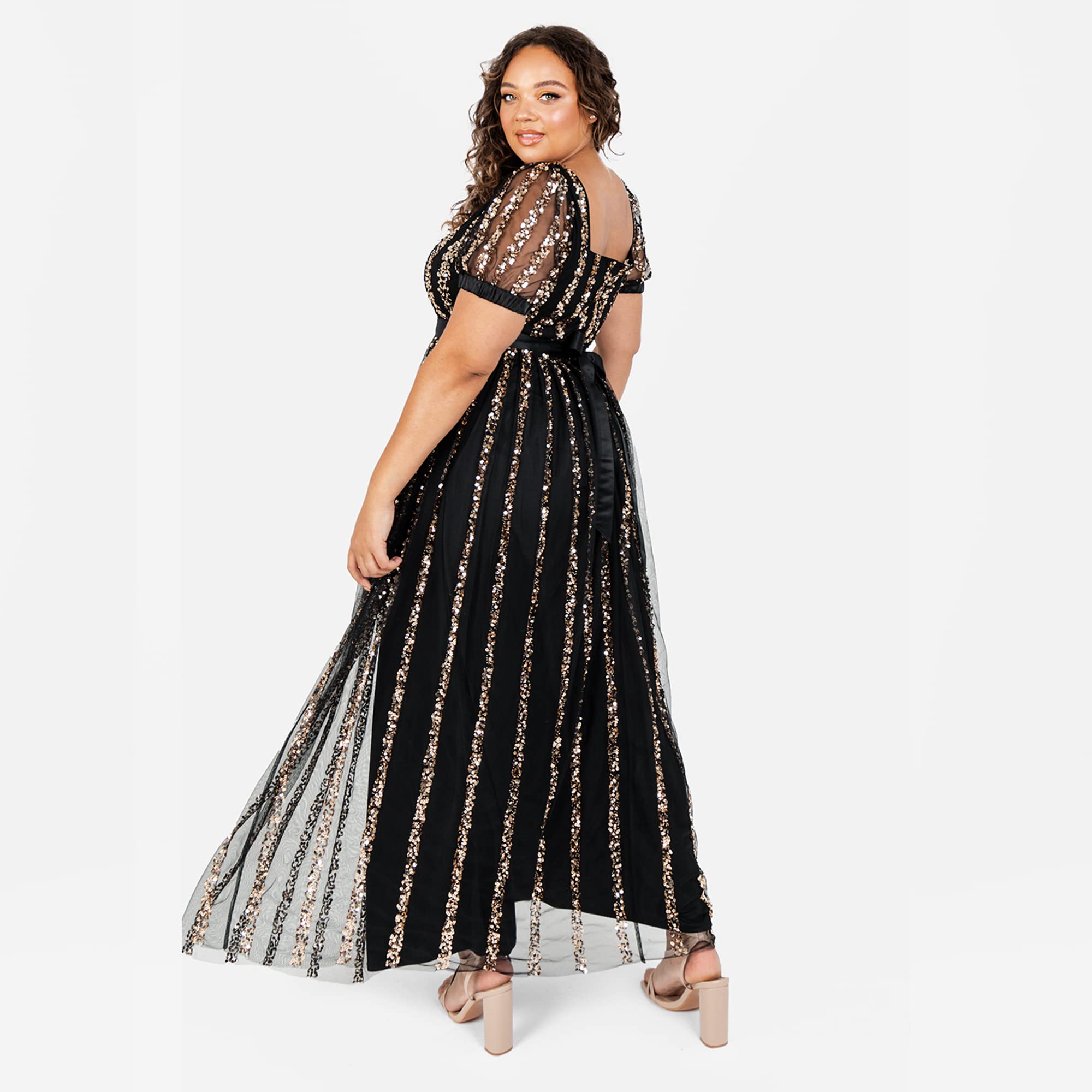 Elegant Maya Deluxe Women's Maxi Evening Dress with Sequin Details & Square Neckline - High Waist A-Line Gown for Wedding Guest, Party, Cocktail, Prom, Black