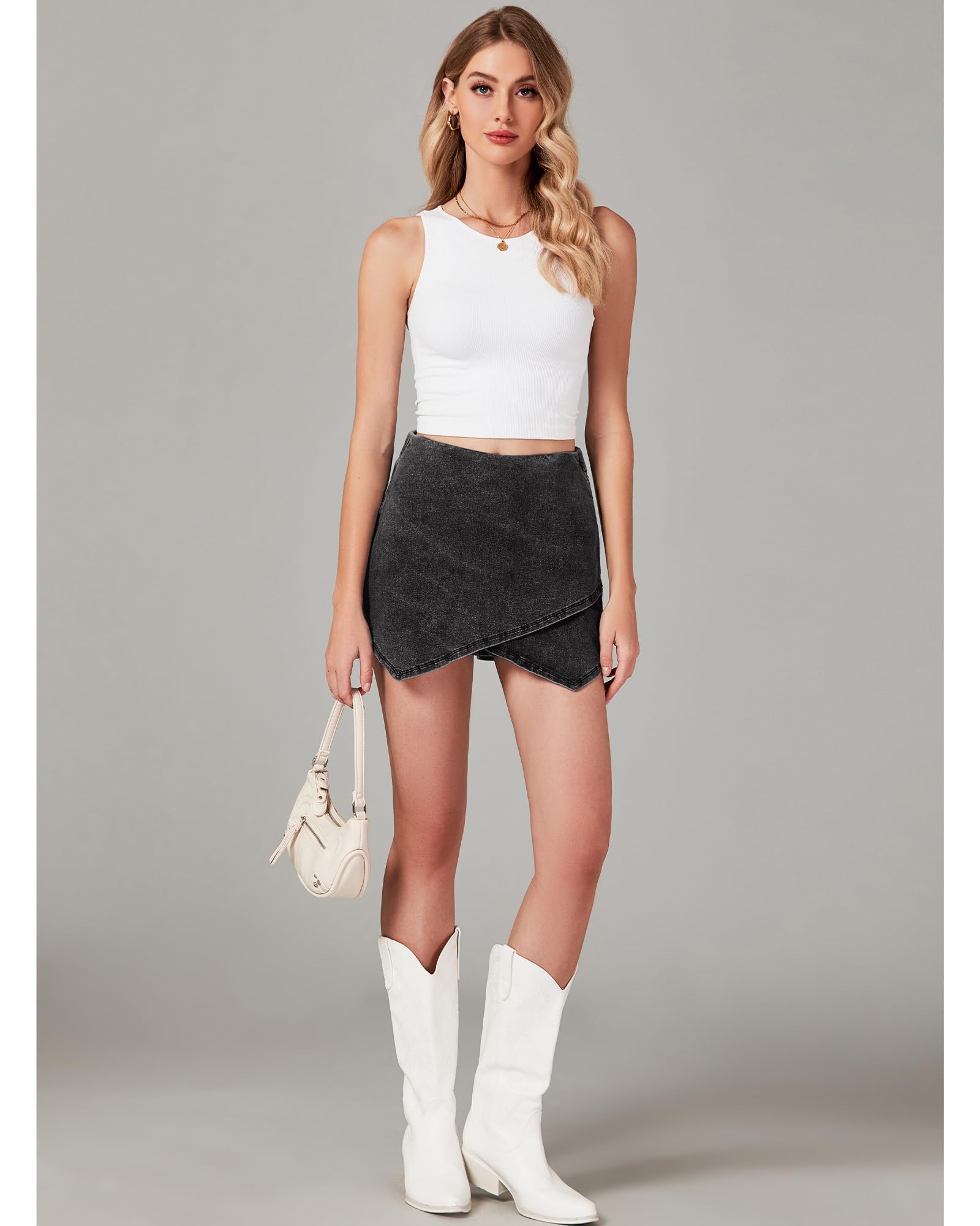 Luvamia Women's High Waisted Stretchy Denim Skorts - Pull On Wrap Skirt with Built-in Shorts, Asymmetrical Trendy Design for Casual Wear, Summer Outfits & Outdoor Activities