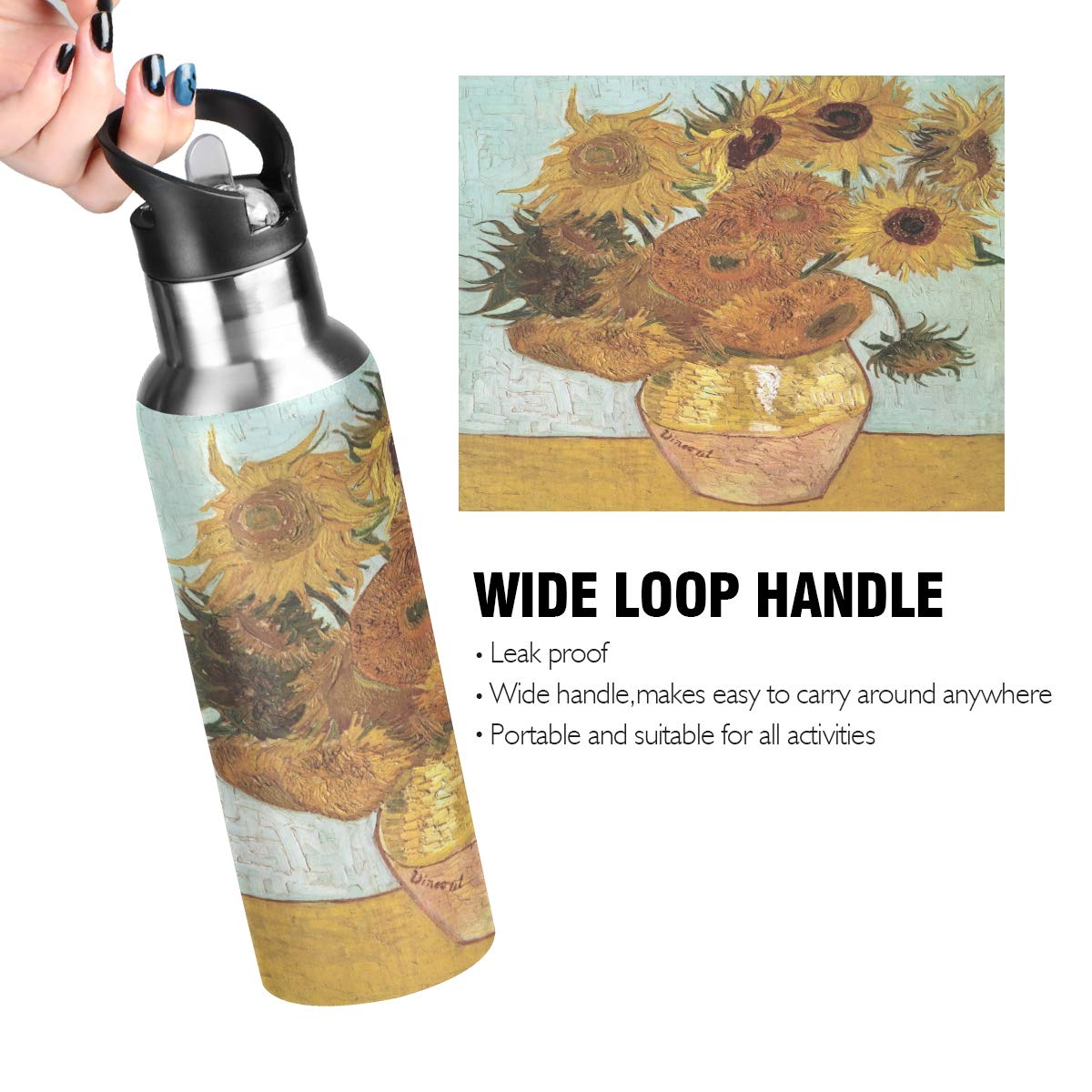 Van Gogh Sunflower Water Bottle - 22oz Stainless Steel, BPA Free & Leakproof for Gym, Travel, Work
