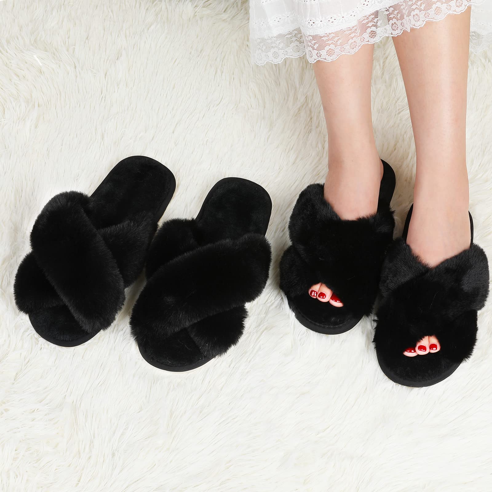 Ankis Women's Fuzzy Fluffy Slippers - 2 Pair Cozy Soft Comfy House Slippers with Cross Band, Open Toe & Non-Slip Sole for Indoor/Outdoor Use - Perfect for Relaxing at Home, Lounging or Quick Errands