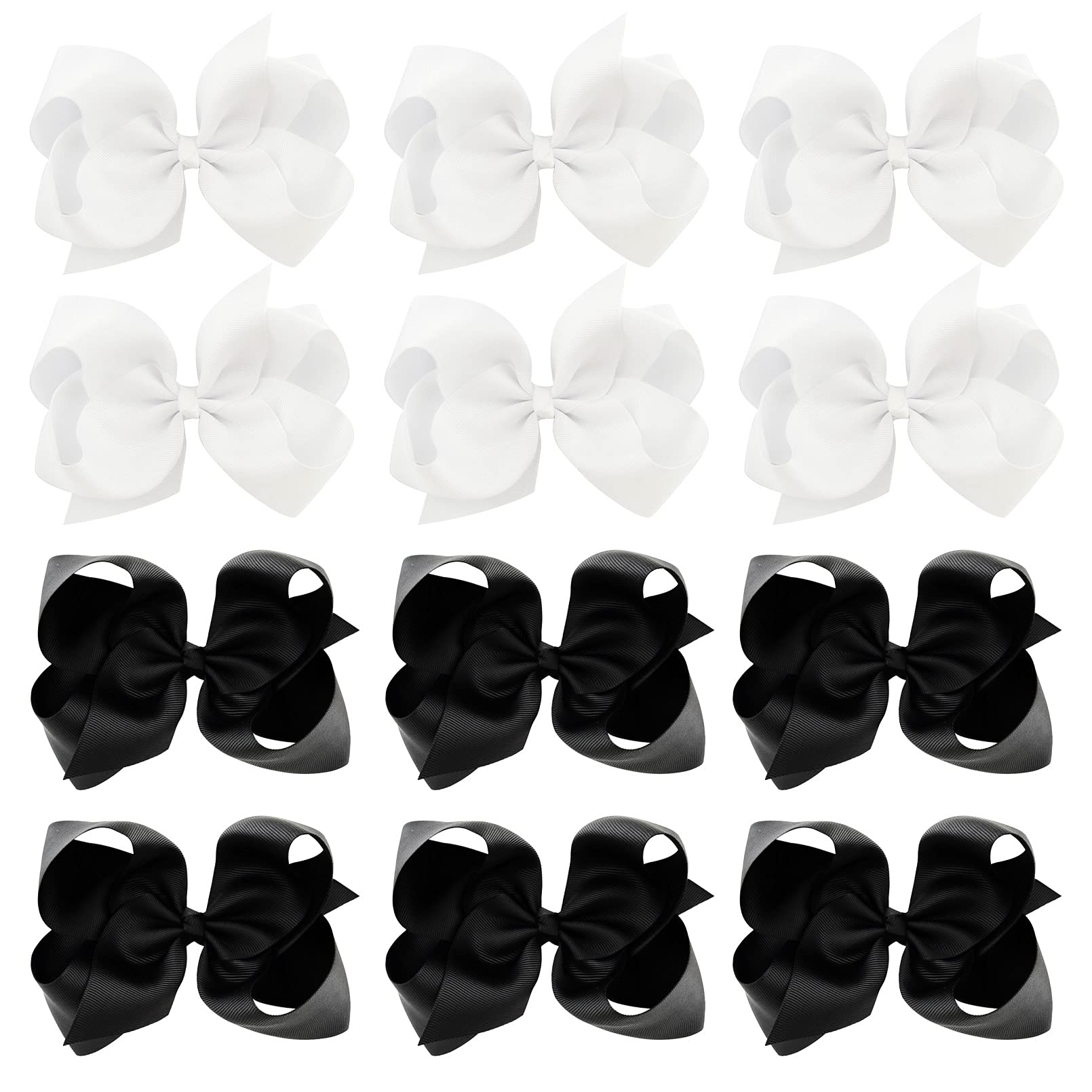 12-Pack Handmade Grosgrain Ribbon Hair Bows with Alligator Clips for Girls - 6 Inch Hair Accessories for Toddlers, Teens & Kids (White/Black) - Perfect for Parties, School & Special Occasions