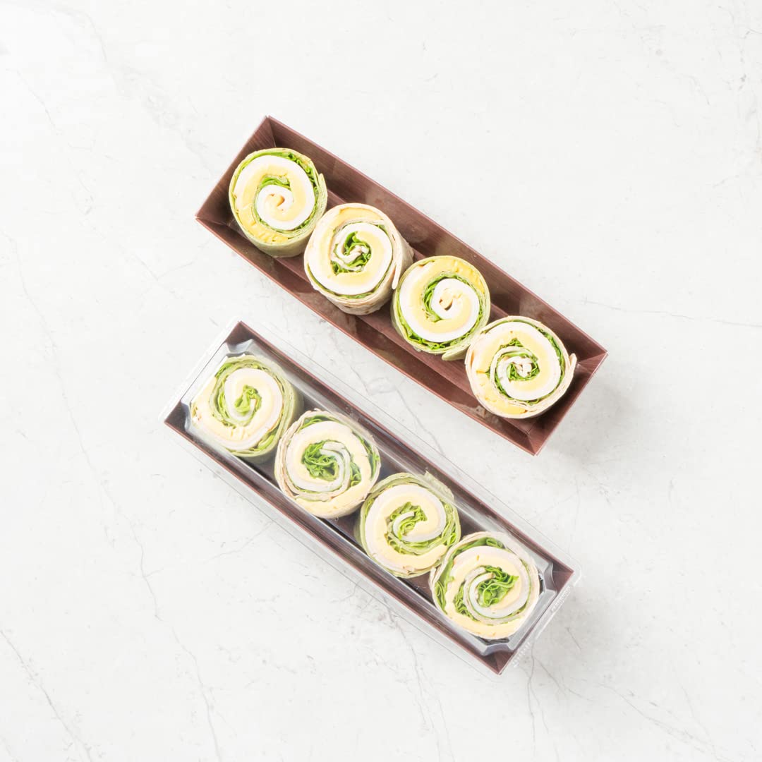 Restaurantware Matsuri Vision 6.5 x 1.7 x 1.4 Inch Disposable Sushi Trays - 100 Greaseproof Wood Grain Paper Sushi Containers for Appetizers, Desserts & Takeout (Lids Sold Separately) | Perfect for Japanese Restaurants, Catering & Food Delivery
