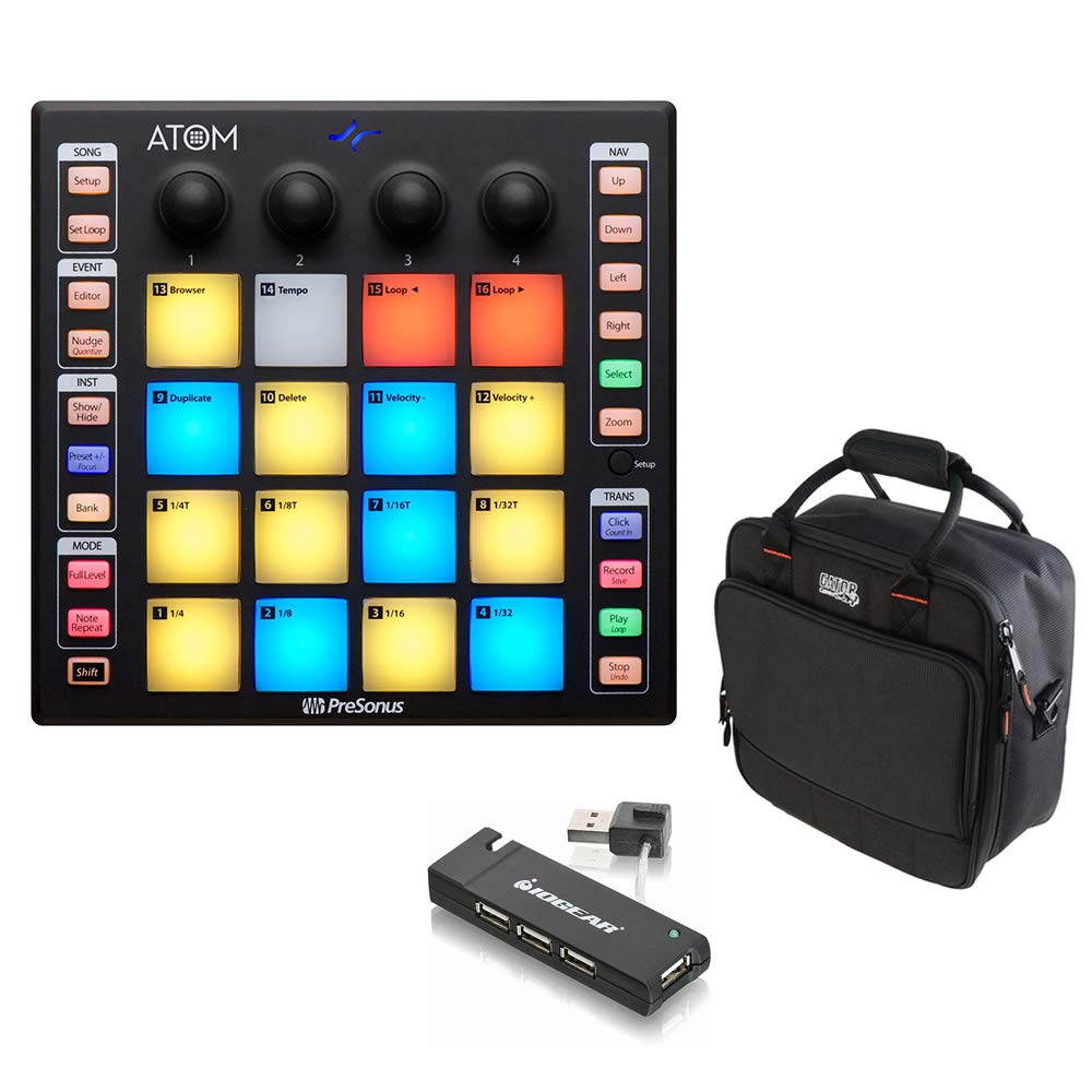 PreSonus ATOM MIDI Pad Controller Bundle with G-MIXERBAG-1212 Mixer Bag & 4-Port USB Hub for Music Production, DJ Performance & Home Studio Recording