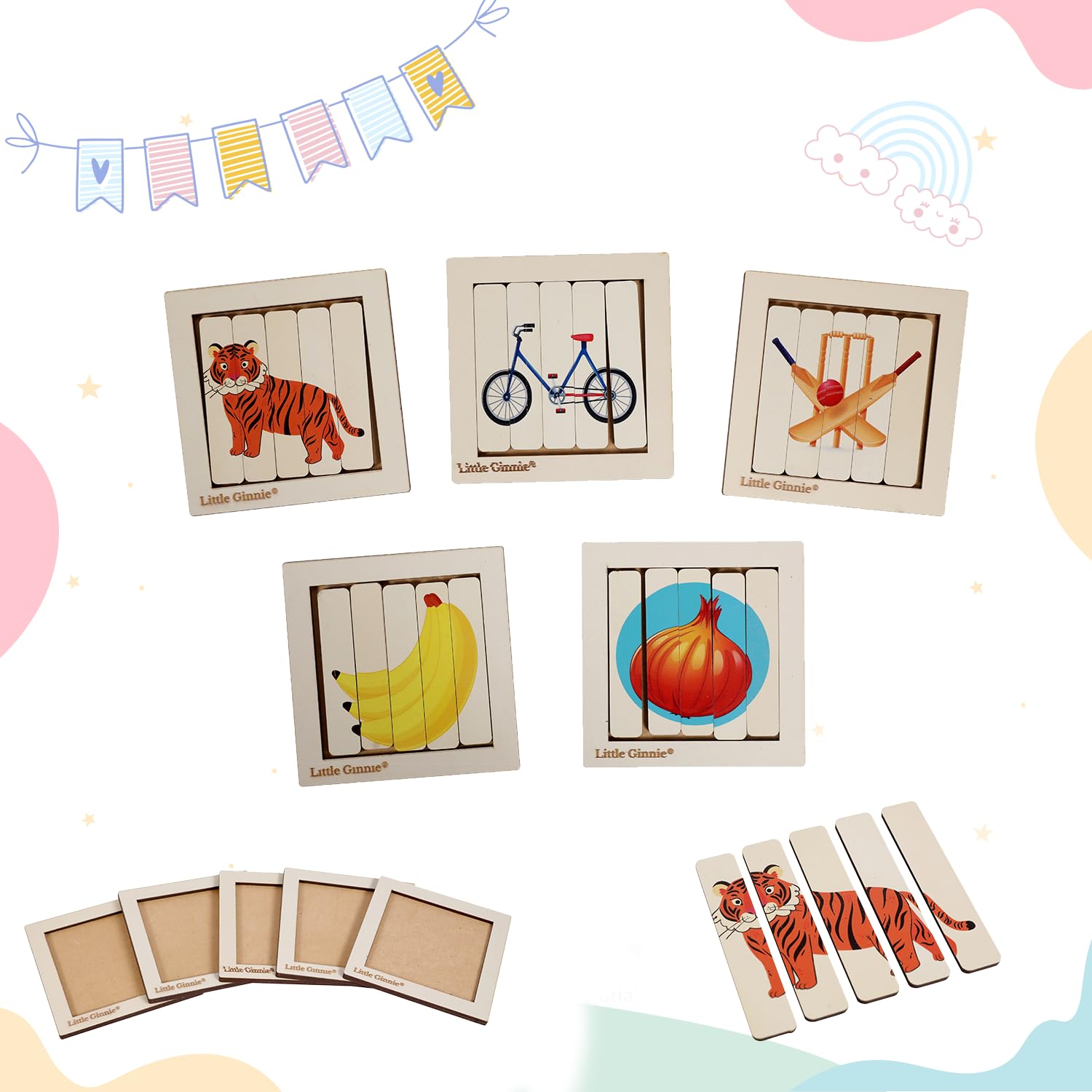 Little Ginnie Wooden Tile Puzzle Set - 25 Pieces with 5 Trays | Educational Learning Toy for Kids - Fruits, Animals & More | Perfect for Preschool Learning, Montessori Activities & Family Game Night