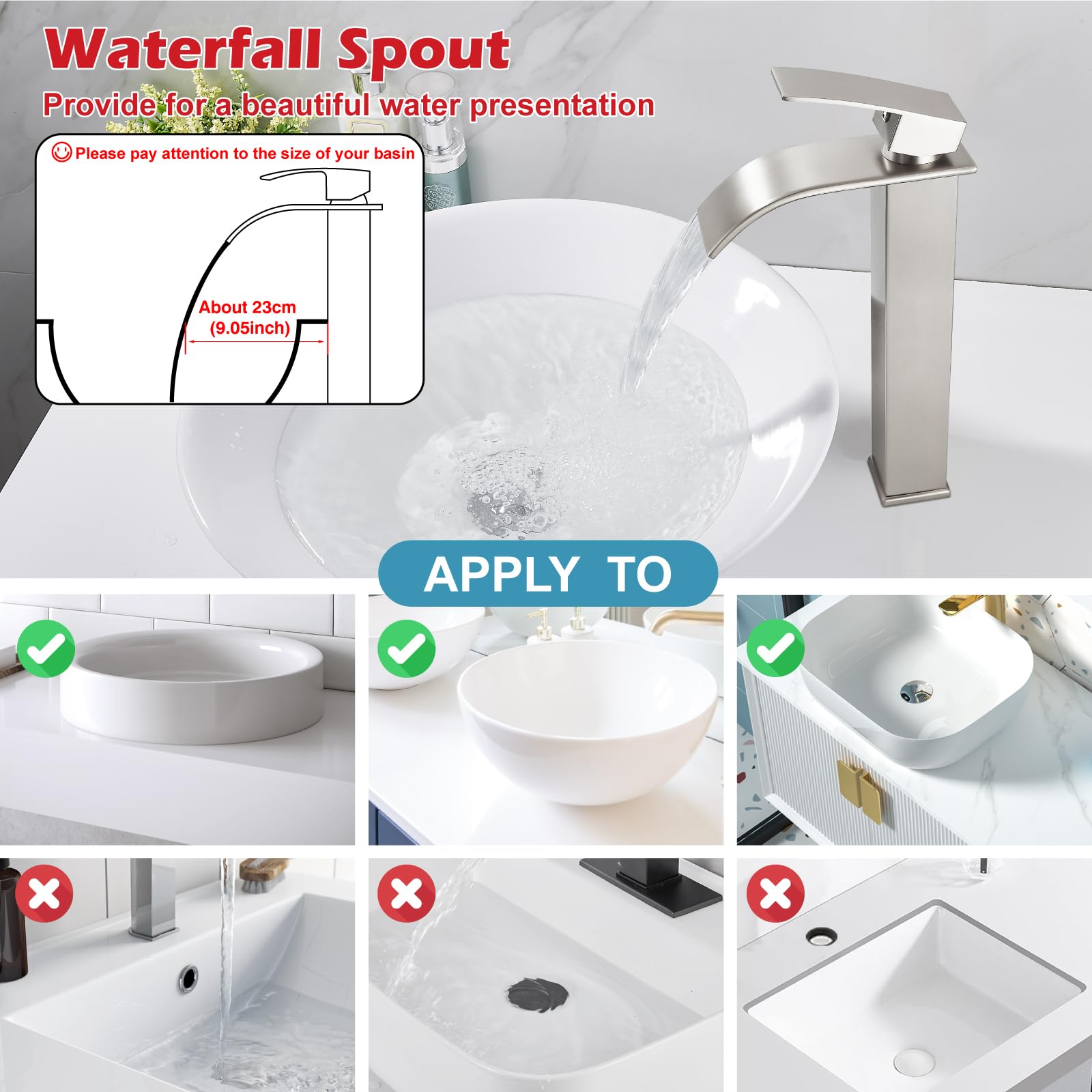 Modern Tall Waterfall Bathroom Faucet - Brushed Nickel for Sink & Vanity