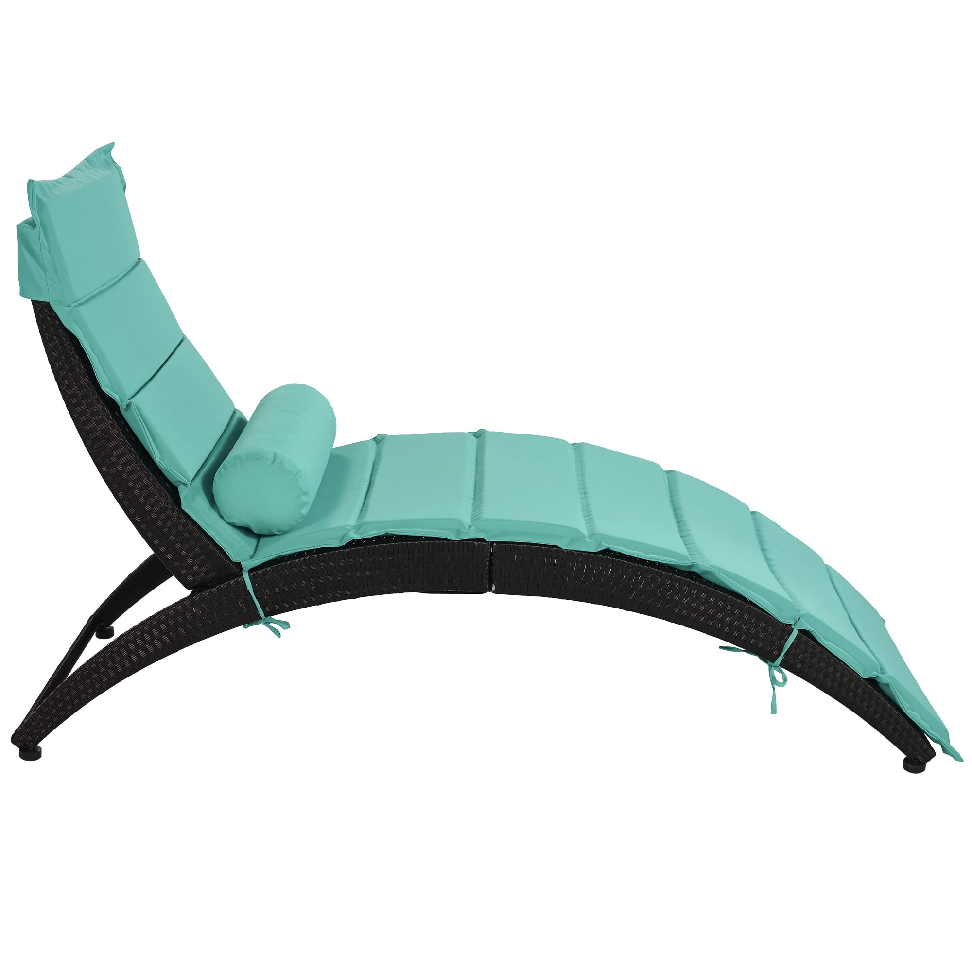 Foldable PE Rattan Sun Lounger Chair with Removable Cushion & Bolster Pillow - Outdoor Patio Furniture for Backyard, Garden, Poolside, or Balcony - Wicker Chaise Lounge in Black & Turquoise for Ultimate Relaxation