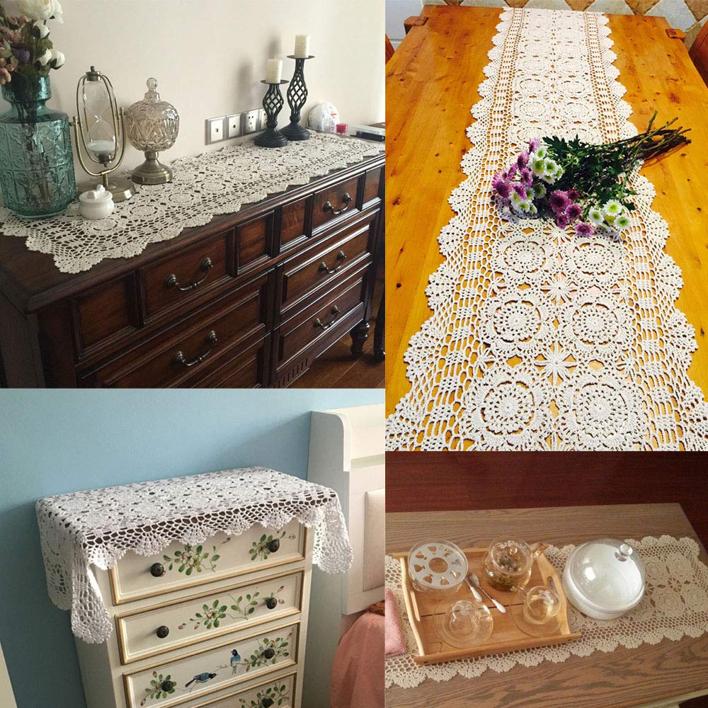 KEPSWET Handmade Cotton Crochet Lace Table Runner - 14x36 Inch Black Rectangular Coffee Table Decor for Dining Room, Wedding & Home Decoration
