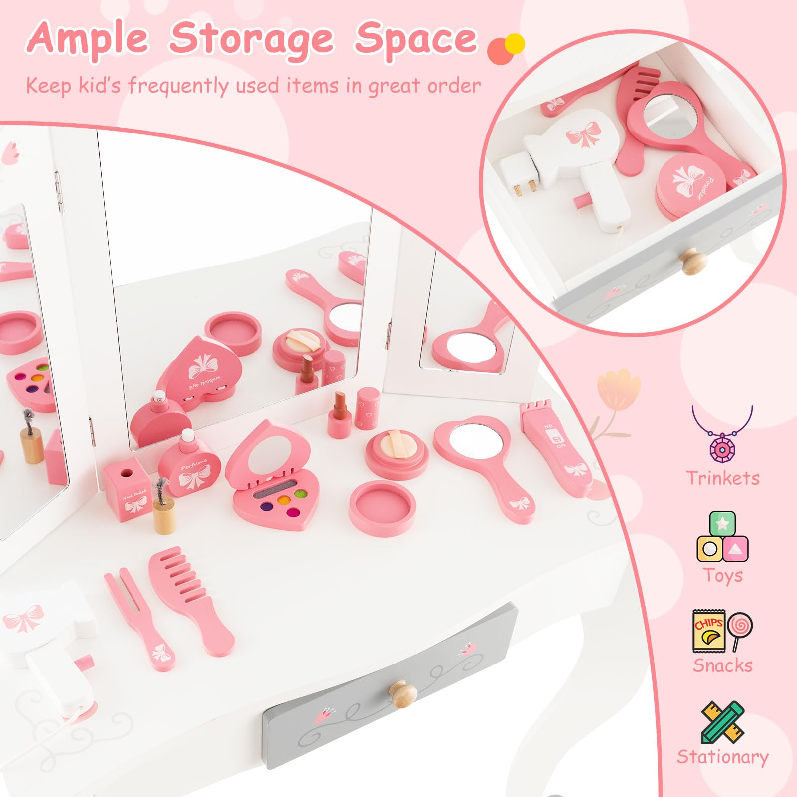 Honey Joy Kids Vanity Set with Mirror & Stool - Wooden Makeup Table for Toddlers - Pretend Play Dressing Toys for Little Girls (White) - Perfect for Birthday Gifts & Role Play