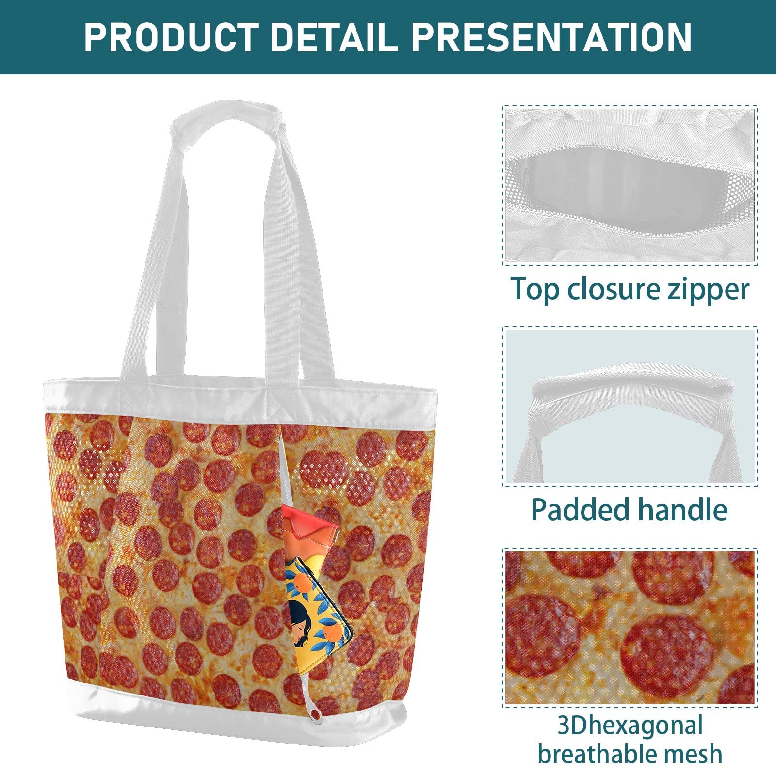 **J JOYSAY Large Lightweight Mesh Beach Tote Bag for Women - Waterproof Gym Bag for Pool, Sports, Travel & Shopping - Durable Pepperoni Pizza Design**