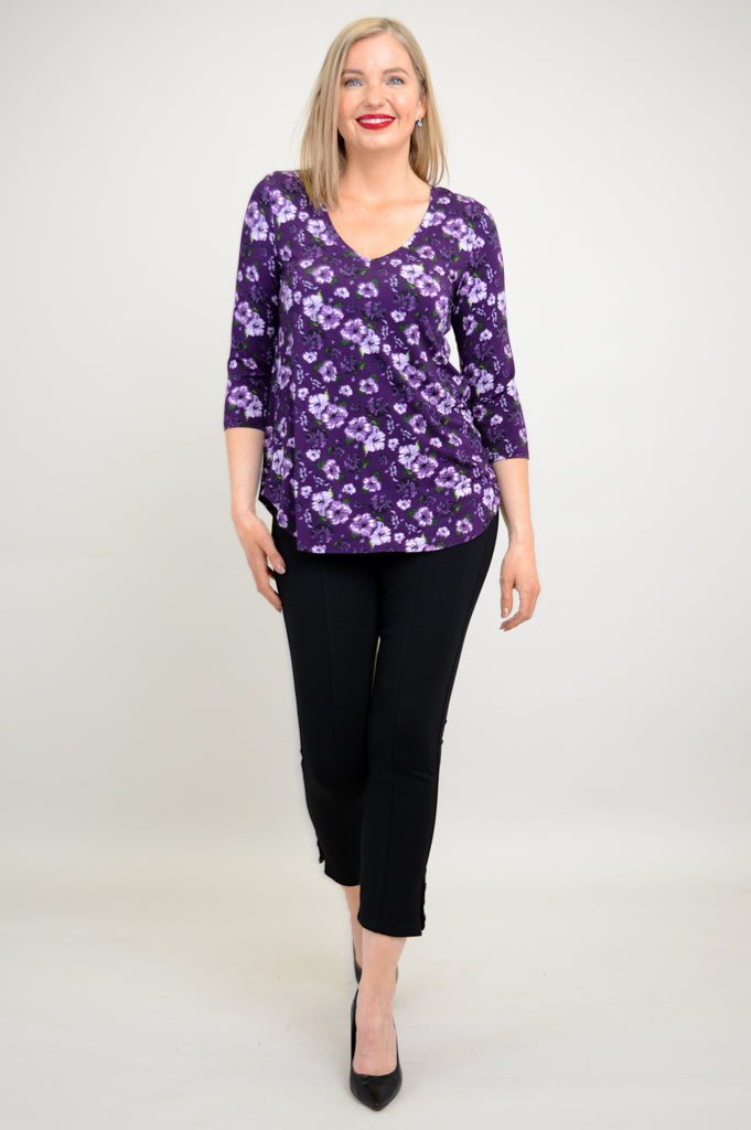 Jackie 3/4 Sleeve Bamboo Top with Hibiscus Print - Women's Comfortable & Breathable Shirt for Yoga, Beach & Summer Outfits