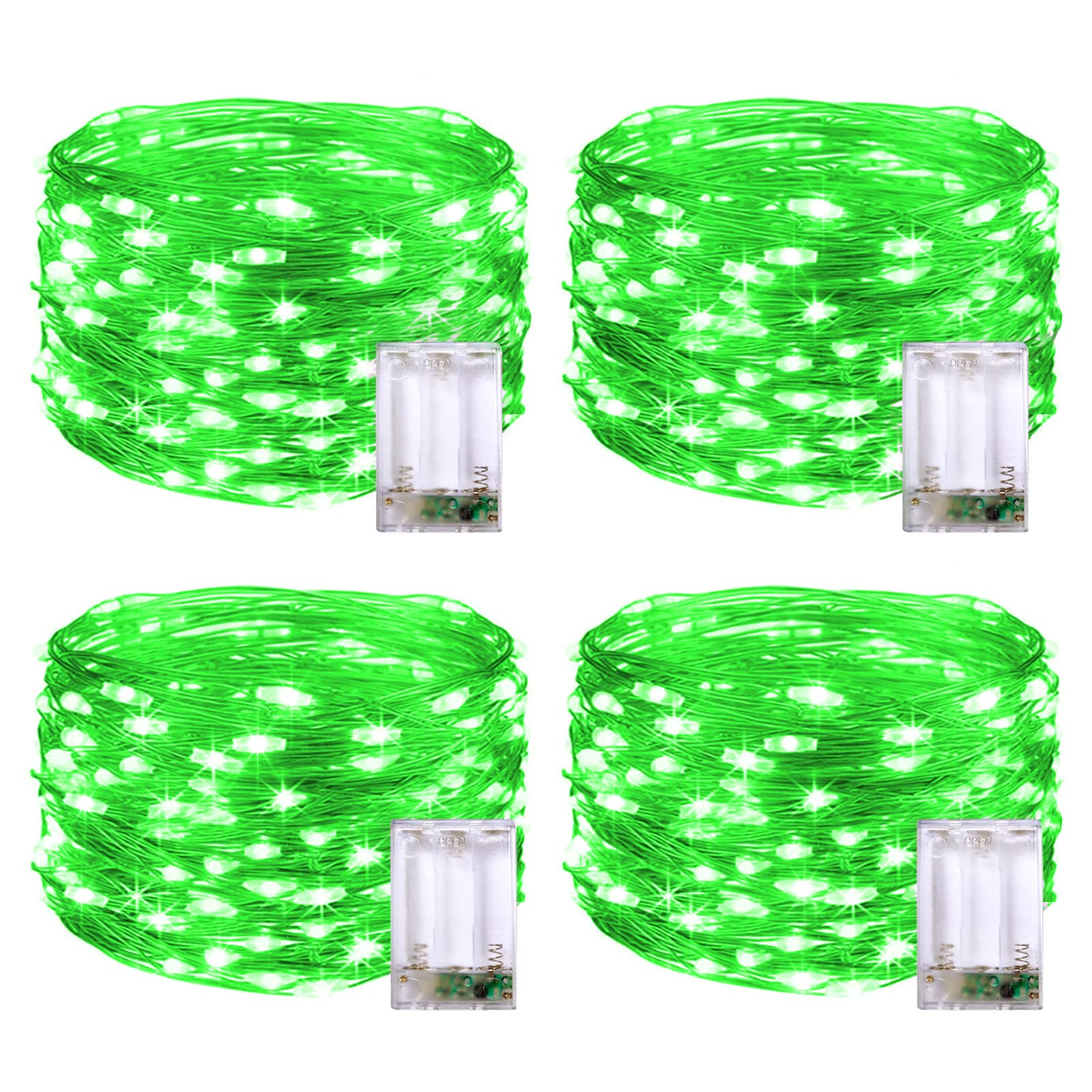 JMEXSUSS 4 Pack 50 LED St. Patrick's Day Fairy Lights - 16.1ft Green Battery Operated String Lights, Waterproof for Indoor & Outdoor Use - Perfect for Bedroom, Garden, Party, Christmas & Holiday Decorations