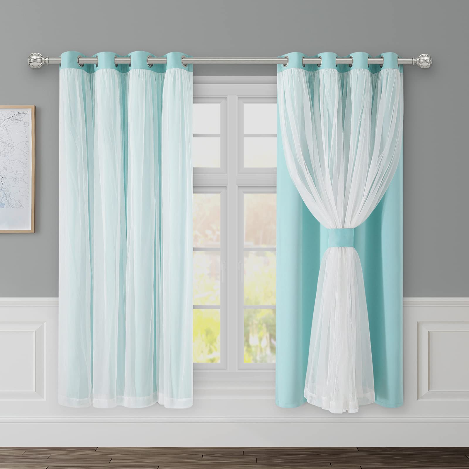 Double Layer Blackout Curtains for Girls Room - 63 Inch Length 2 Panels with Sheer Overlay, Aqua Nursery Curtains for Kids Bedroom & Nursery (Blocks Light, Perfect for Daytime Naps & Nighttime Sleep)