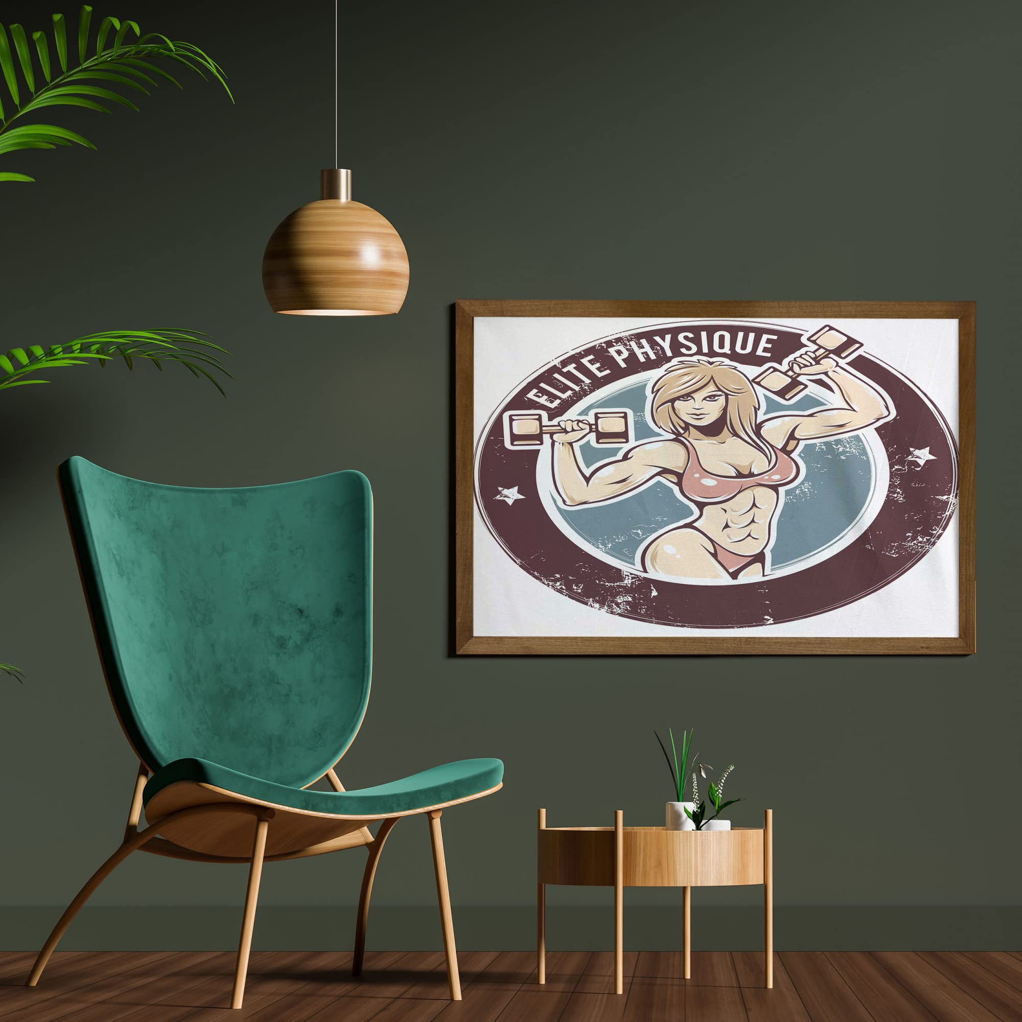 Ambesonne Fitness Wall Art - Retro Gym Woman Round Design Framed Fabric Decor with Teak Wood Frame, 35