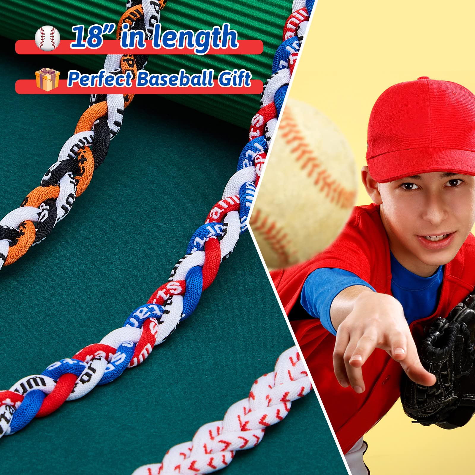 Junkin 3-Piece Baseball Braided Rope Necklace Set - Titanium Sports Necklaces for Men & Boys - Perfect Gift for Baseball Players, Softball Fans & Athletes - Great for Games, Training & Casual Wear