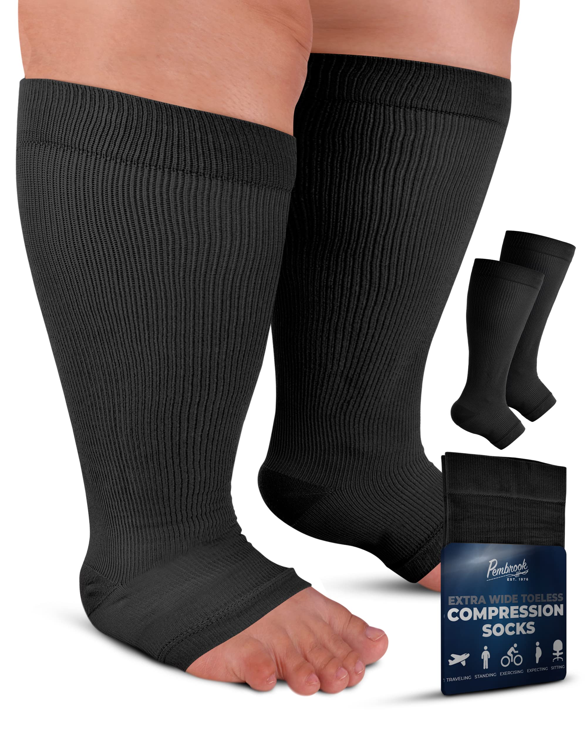 Pembrook Toeless Compression Socks 20-30mmHg for Women & Men - Wide Calf 6XL Plus Size Support Socks for Circulation, Running, Travel & Nursing - Best for Varicose Veins & Swollen Feet Relief