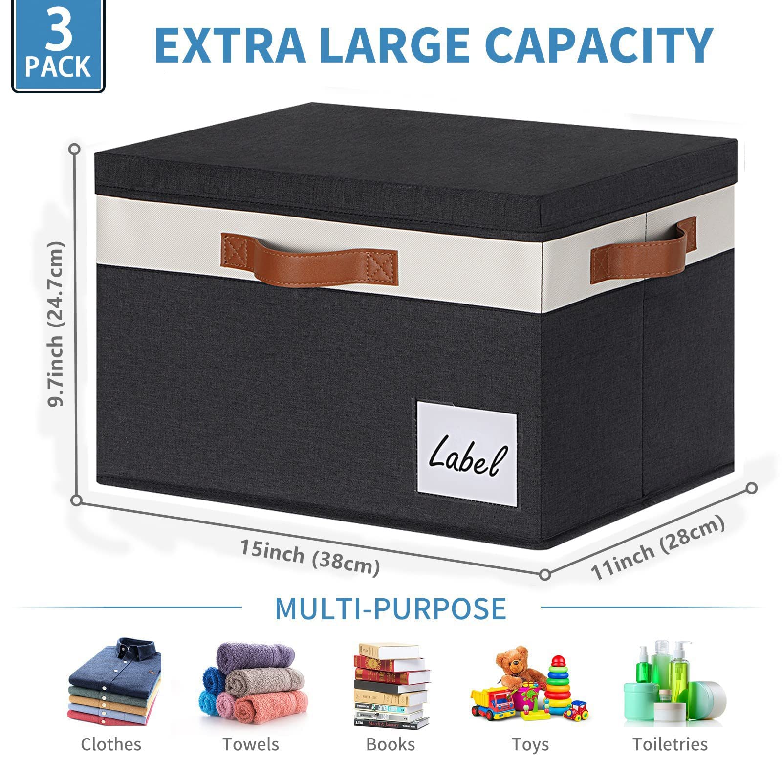 Sturdy Fabric Storage Bins with Lid (6-Pack) - Large Closet Organizer Boxes with 3 Handles & Label Window - Perfect for Home, Bedroom, Office & Kids' Toy Storage (Black, 15