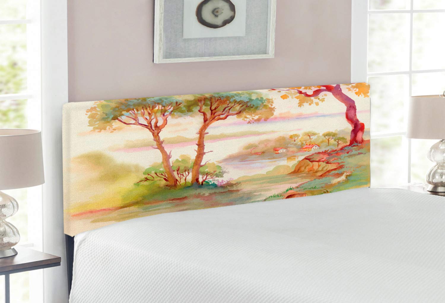 Lunarable Landscape Headboard - Summer Scenery with Goats & Sheep Eating Woodsy Shrubs - Upholstered Decorative Metal Bed Headboard with Memory Foam - Full Size in Green, Brown & Cream - Perfect for Farmhouse, Cottage & Rustic Bedroom Decor