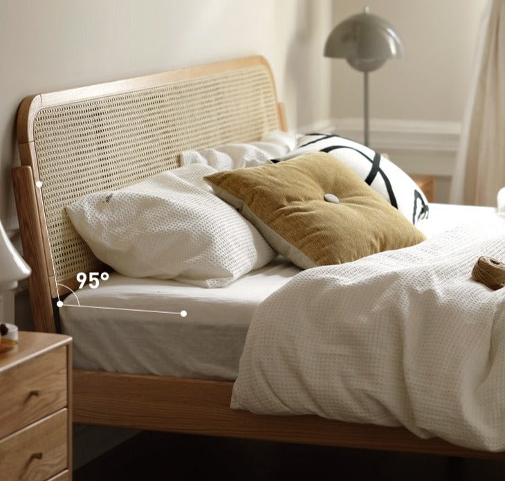 Solid Oak Wood Rattan Bed Frame - Queen Size, Natural Finish - Perfect for Bedroom, Guest Room & Farmhouse Decor