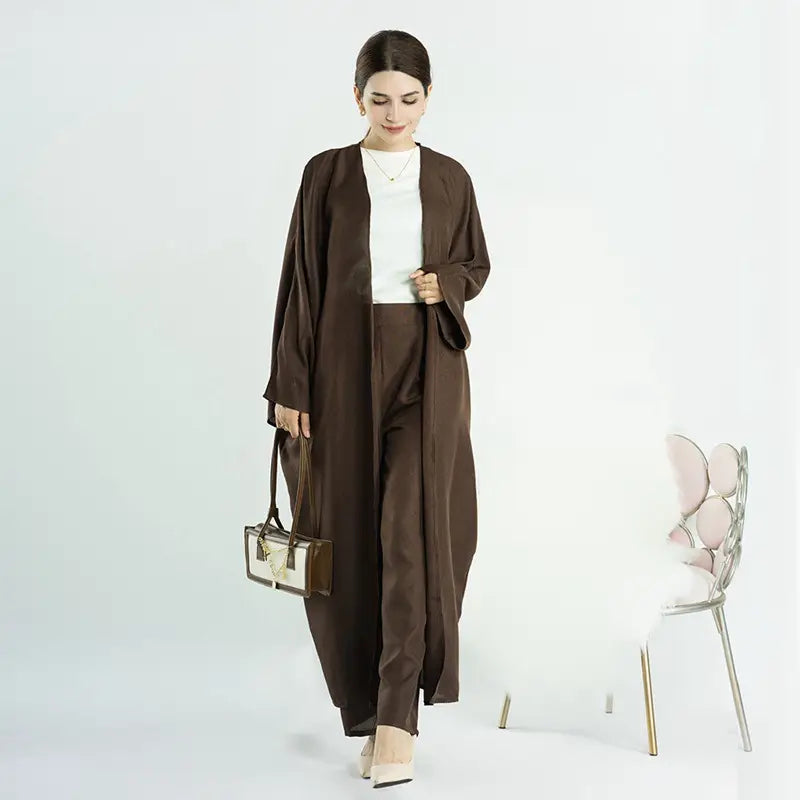 2 Piece Open Abaya with Matching Pants Set - Modest Muslim Women's Office Wear & Work Clothes | Elegant Prayer Dress for Mosque, Professional Outfit for Business, Comfortable Daily Wear