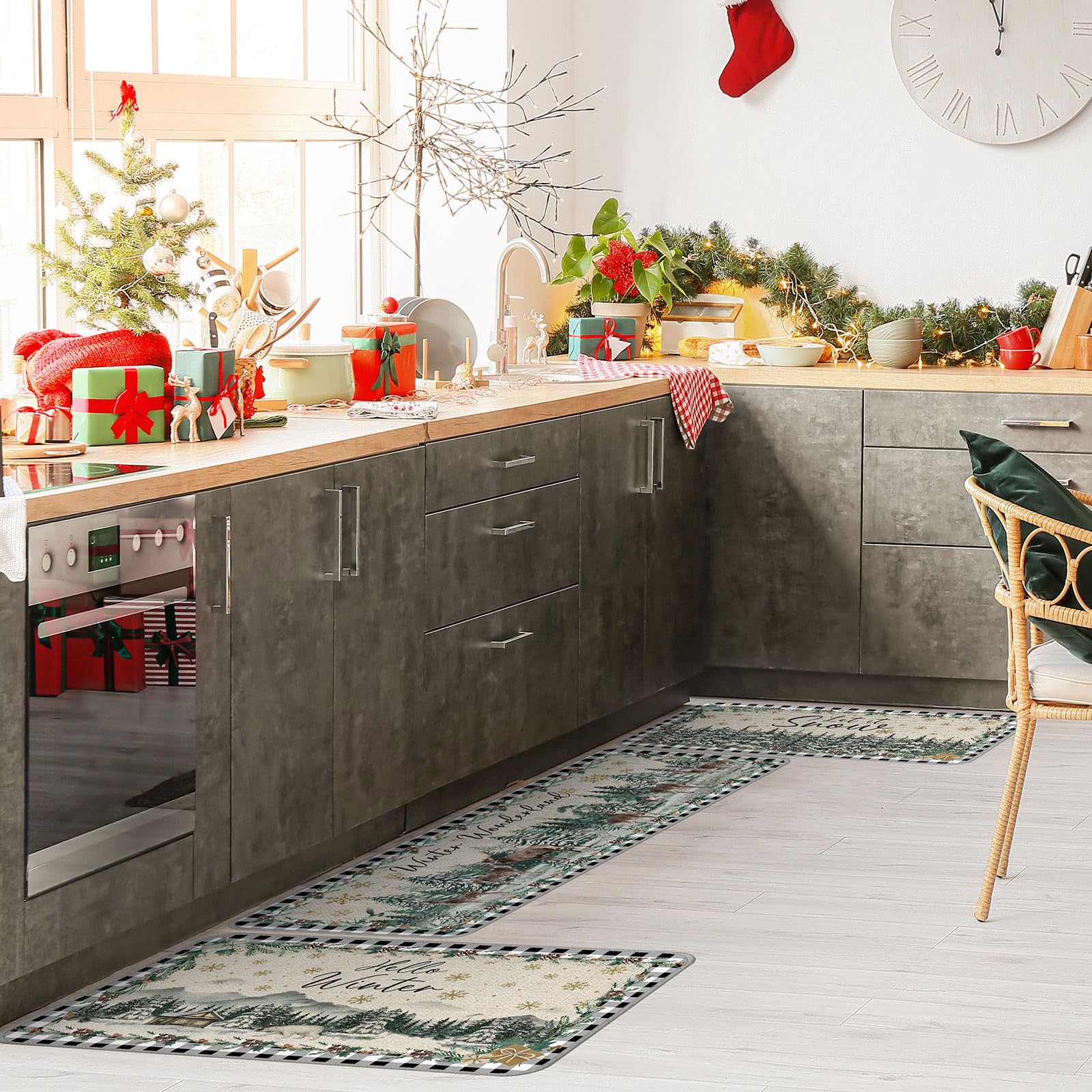 3-Piece Winter Wonderland Non-Slip Kitchen Mat Set - Waterproof Washable Floor Rugs for Farmhouse Decor, Holiday Home, Office, Bathroom & Party - Cozy Rustic Floor Mats for Christmas Decorations & Winter Gatherings