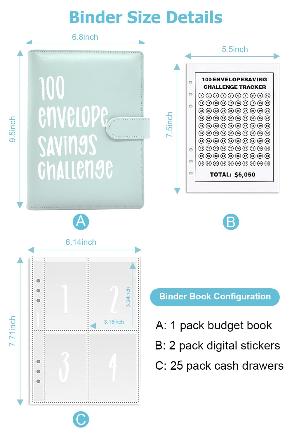100 Envelopes Money Saving Challenge Budget Binder - 52 Week Cash Envelope System for Savings with Pockets | Perfect for Halloween, Christmas Gifts & Financial Planning | Blue Organizer for Friends & Family