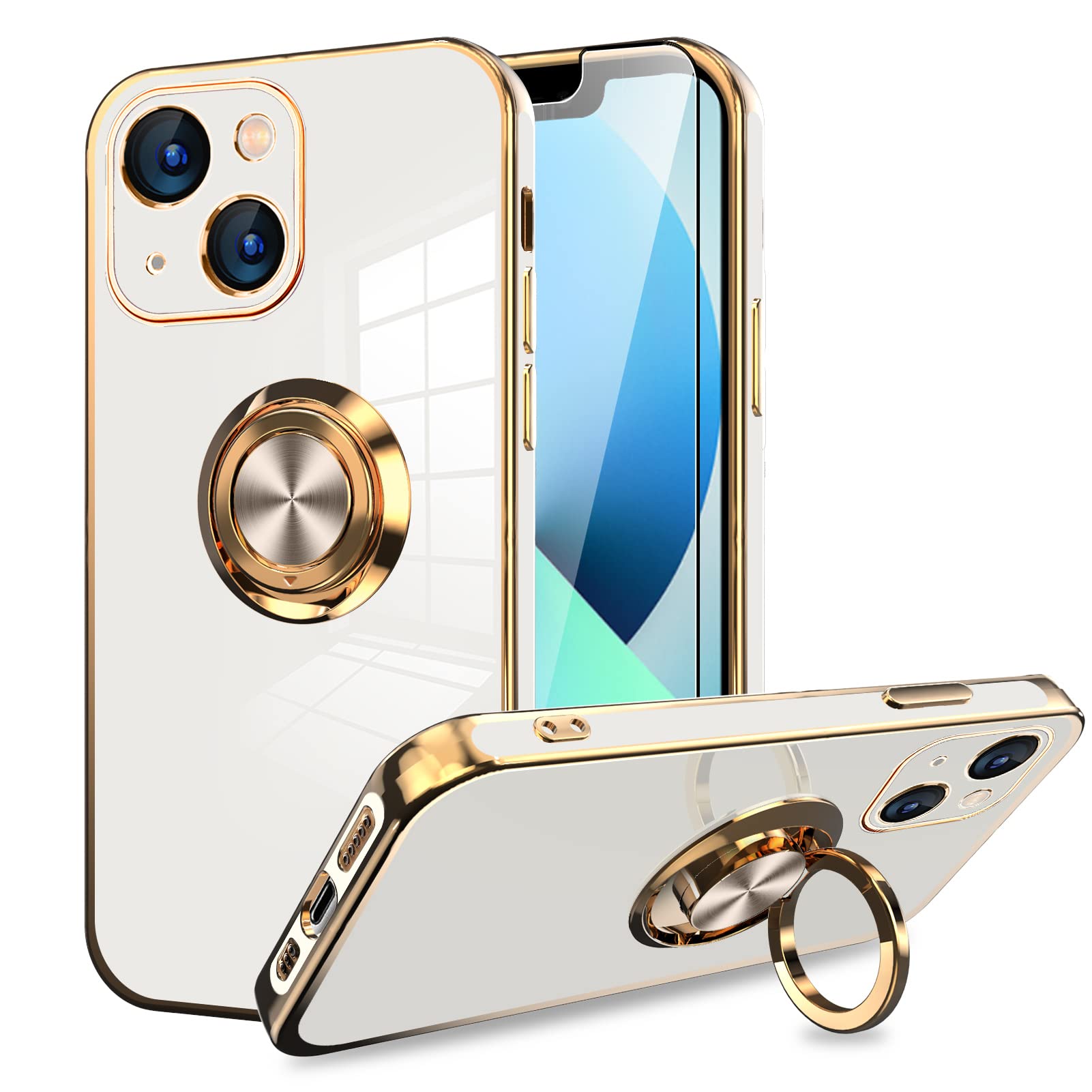 Premium Magnetic iPhone 13 Case (6.1 Inch) with 360° Rotating Kickstand, Built-in Screen Protector & Shockproof Bumper - Slim Soft Edges Protective Cover (White) - Perfect for Work, Travel & Everyday Use