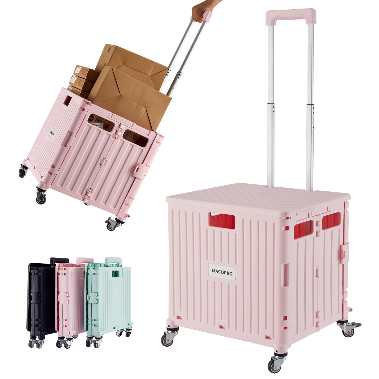 Foldable Utility Cart with Lid & 4 Rotating Wheels - Portable Rolling Handcart for Grocery Shopping, Office Supplies & Teacher Storage | Collapsible Trolley Basket for Home, School & Workplace (Pink)