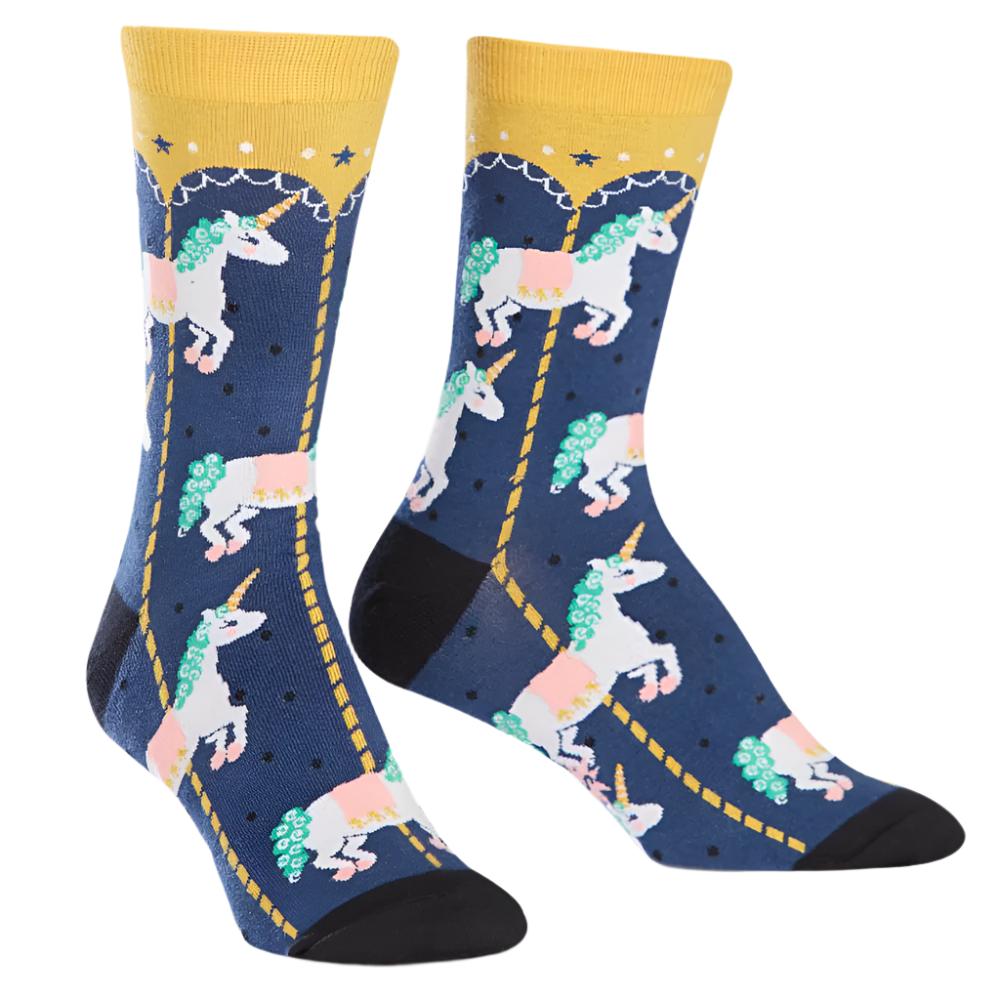 Fun & Colorful Sock It To Me Crew Socks for Women - Novelty Carousel Print Cotton Ankle Socks - Perfect for Gift Giving, Casual Wear & Costume Accessories