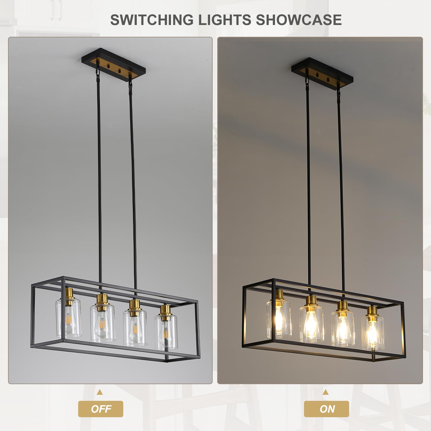 EMONG 4-Light Black and Gold Rectangular Chandelier - Adjustable Height Dining Room Pendant Light with Clear Glass Shade for Kitchen Island, Dining Table & Breakfast Nook Lighting