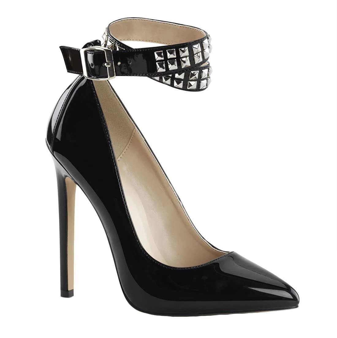 5.12 Inch Women's Elegant Pointed Toe Stiletto Heels - Ankle Buckle with Rivets, Sexy High Heel Pumps for Party, Nightclub & Pole Dancing (Black, Size 12) | Perfect for Evening Events, Date Nights & Professional Performances