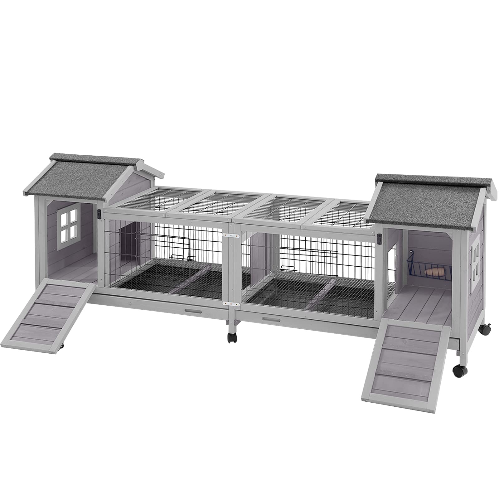 Aivituvin Rabbit Hutch Bunny Cage - Double House & Run Indoor/Outdoor Guinea Pig Cage with Deep No-Leak Trays & Wheels | Perfect for Small Pets Like Rabbits, Guinea Pigs & Hamsters | Great for Backyard, Patio or Indoor Use