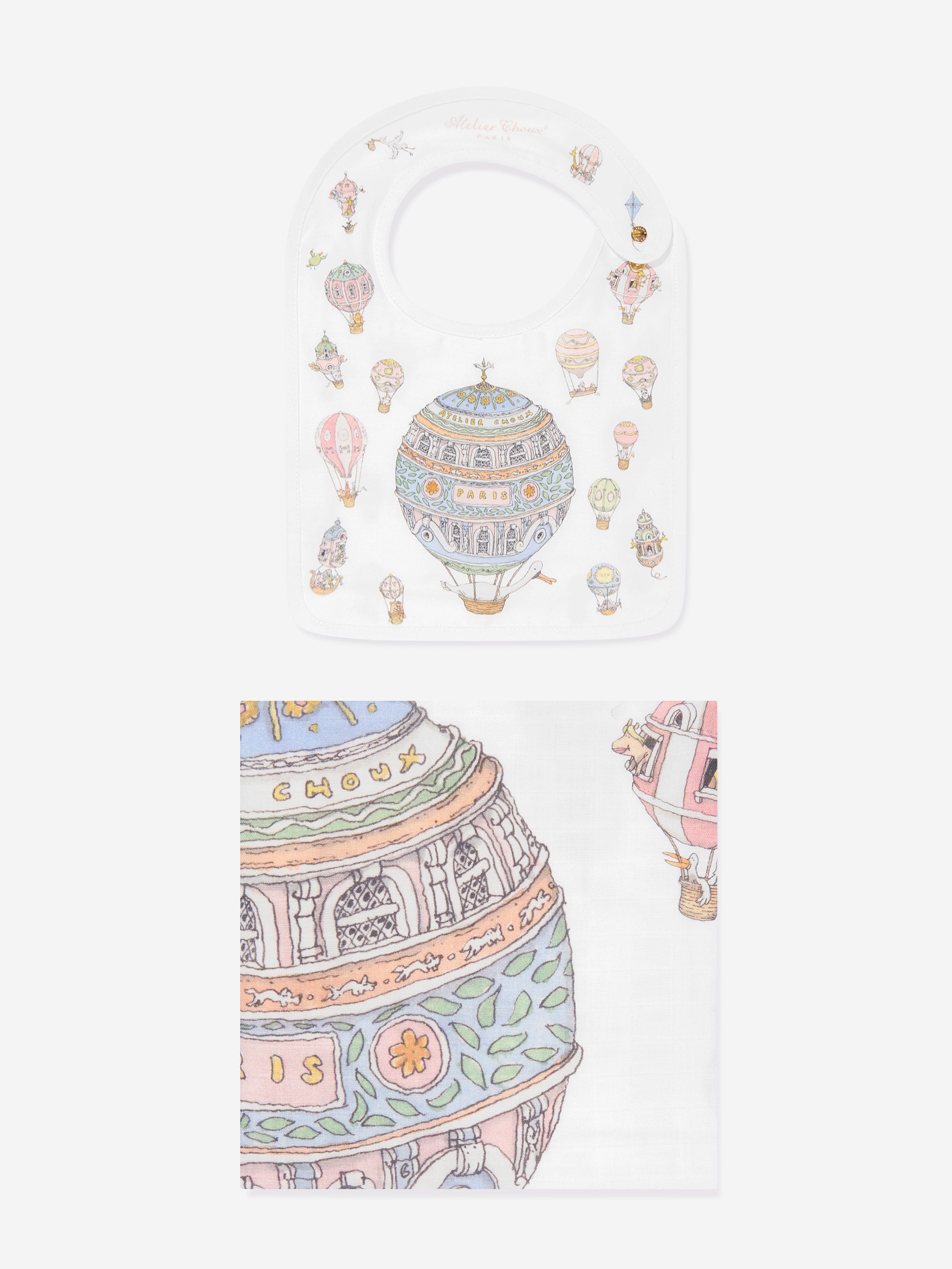 Atelier Choux Baby Hot Air Balloons Swaddle & Satin Bib Set - White | Soft Newborn Swaddle Blanket & Drool Bib for Boys & Girls | Perfect for Nursery, Photography & Baby Shower Gifts