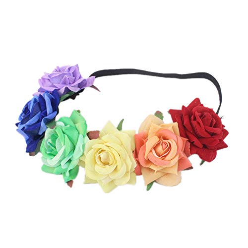 Boho Floral Crown Headband - Rose Flower Hair Wreath with Rainbow Velvet Roses for Women | Perfect for Music Festivals, Bridal Accessories, Photo Shoots & Boho Chic Style