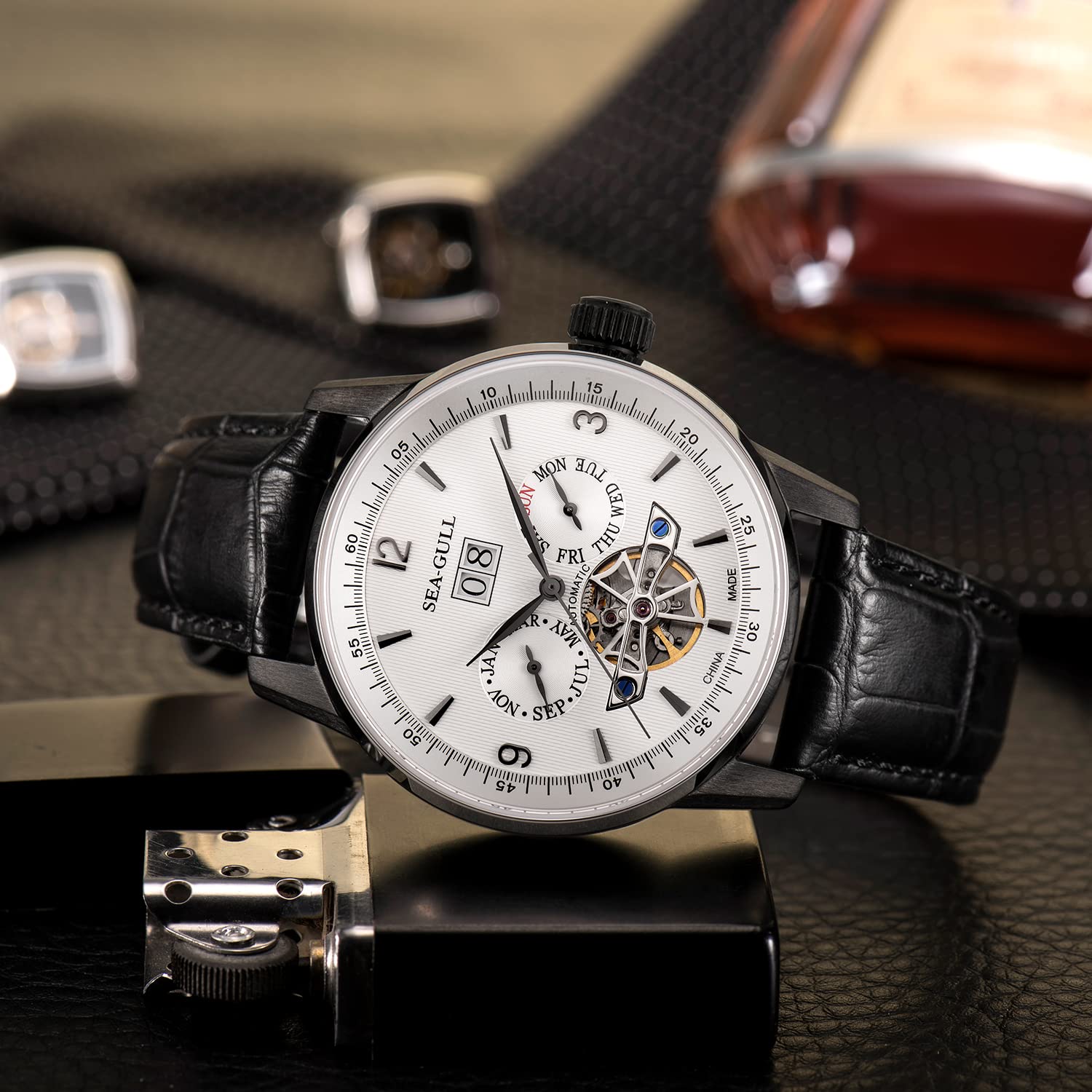 SEA-GULL Men's Automatic Skeleton Watch with Monthly & Weekly Calendar - Mechanical Flywheel Design - Luxury Dress Watch for Business, Formal Events & Collectors