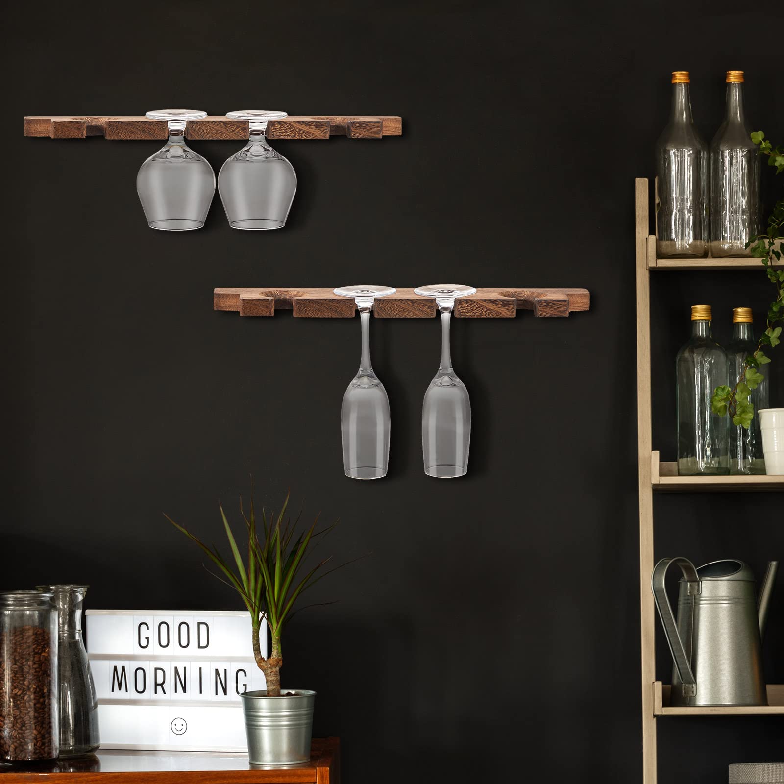 Rustic Wooden Wall Mounted Wine Glass Holder - Stemware Rack & Champagne Glass Organizer for Kitchen, Bar - Floating Shelf for Glassware Storage (8 Pcs, 17 x 3 x 0.8 Inch) - Perfect for Home Decor, Entertaining Guests & Halloween Party Setup