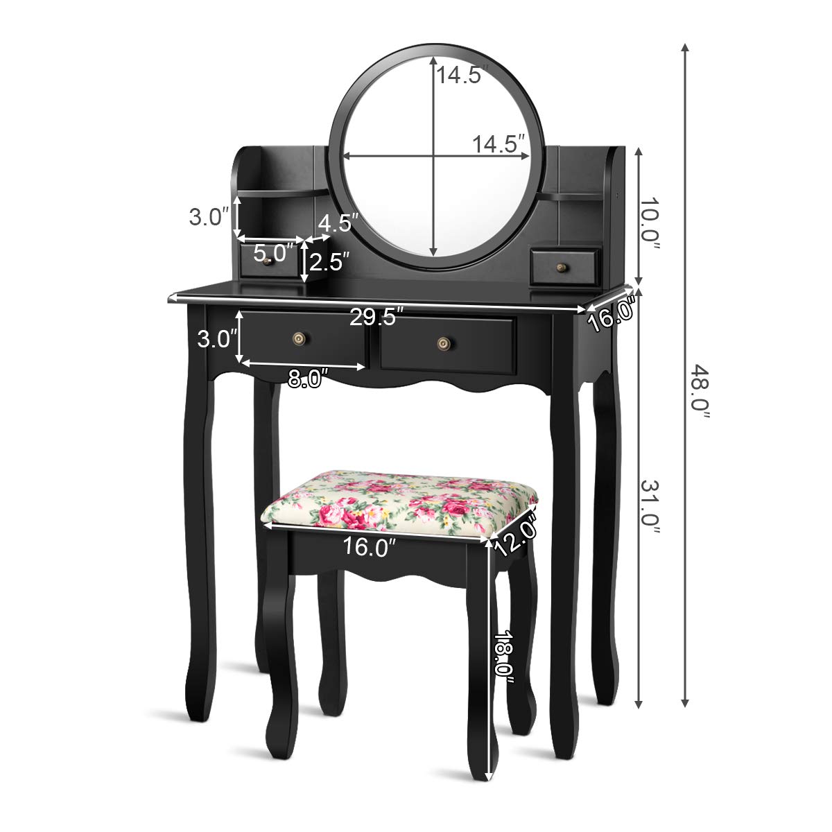 Charmaid Vanity Set with 4 Storage Shelves & 4 Drawers, Makeup Dressing Table with 360° Swivel Mirror, Cushioned Stool & Organizers - Elegant Black Vanity Desk for Women & Girls | Perfect for Bedroom, Dorm Room & Beauty Salon Makeup Station