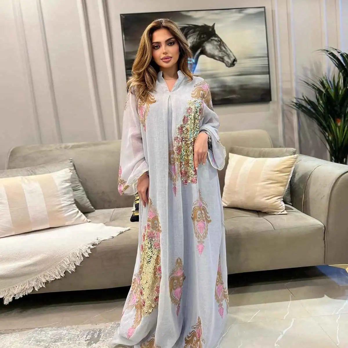Elegant Sequin & Embroidered Women's Caftan Kaftan Dress - Eid Jalabiya for Special Occasions & Evening Parties