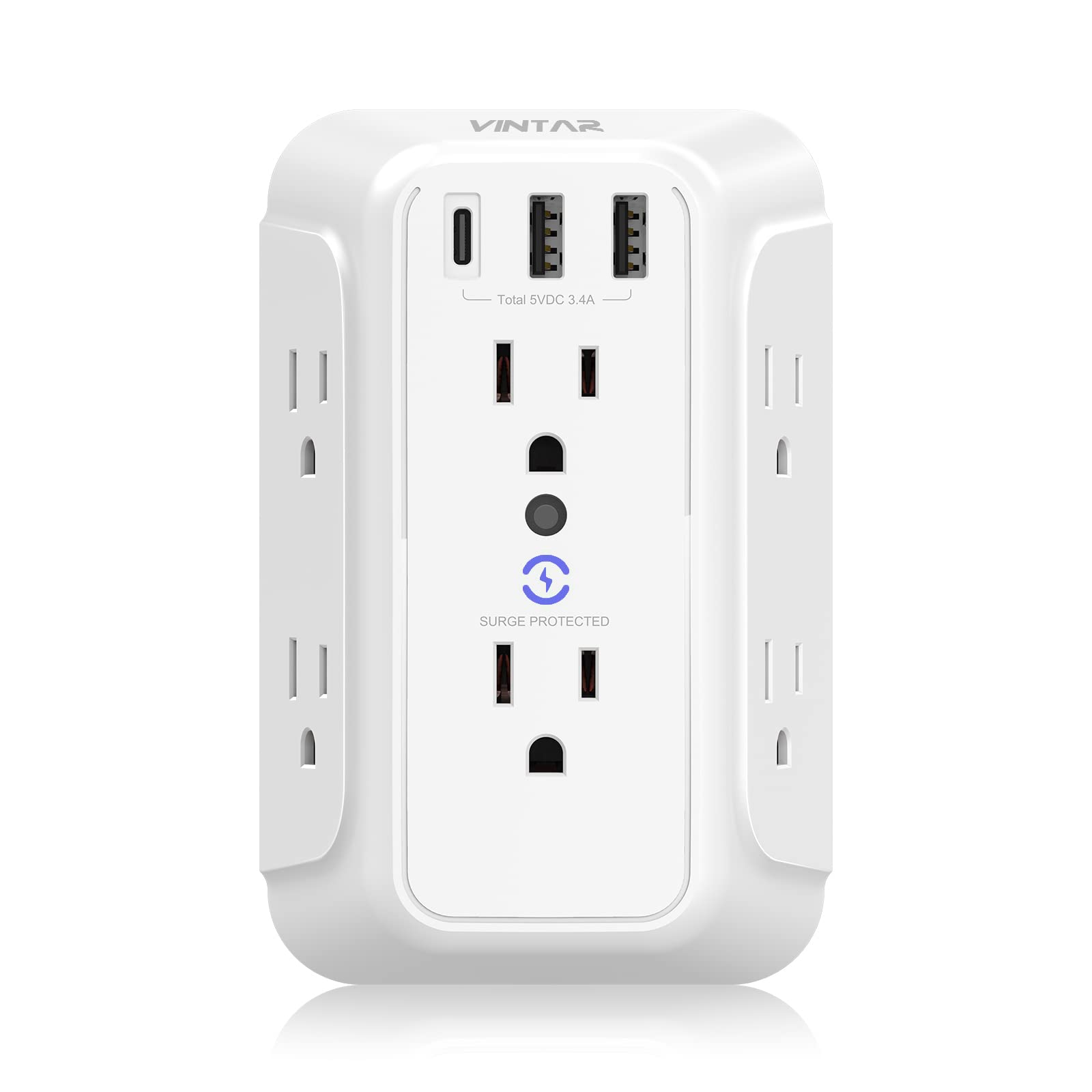 6-Outlet Surge Protector with 3 USB Ports (1 USB-C) - 900J Wall Mount Power Strip for Home, Office & Travel - Fast 3.4A Charging - ETL Certified - Perfect for Charging Phones, Laptops & Small Appliances